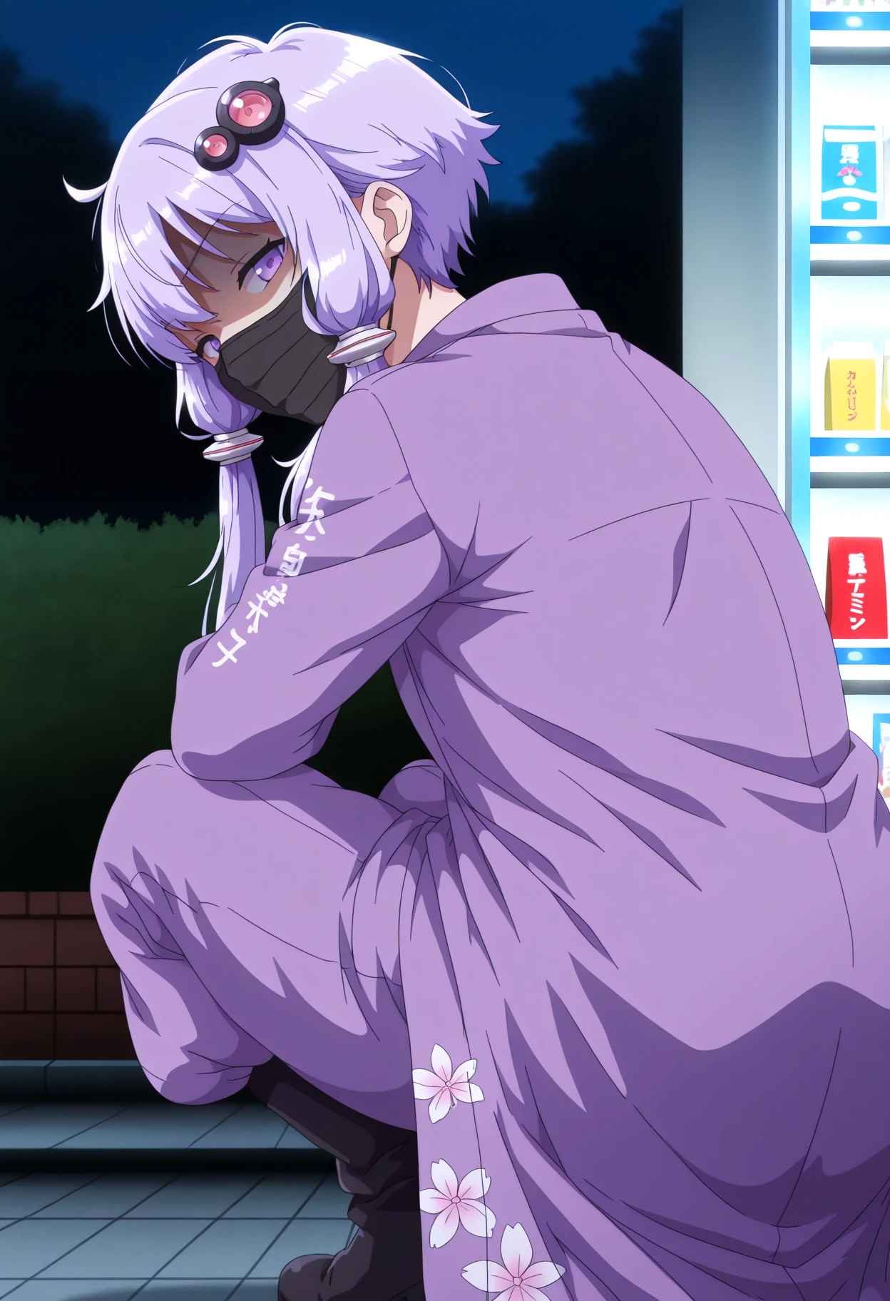 highres, hi res, best quality, masterpiece, anime coloring, anime screencap, TRexStyle,
1girl, solo, yuzuki yukari, hair ornament,
looking at viewer, shaded face, black mask,
TokkoFuku, floral print, purple long coat, purple puffy pants, pants tucked in, black boots, open clothes,
slav squatting,
looking back, from behind,
<lora:TokkoFuku-IL-v1-rev1:1>
convenience store, at night, outdoors,