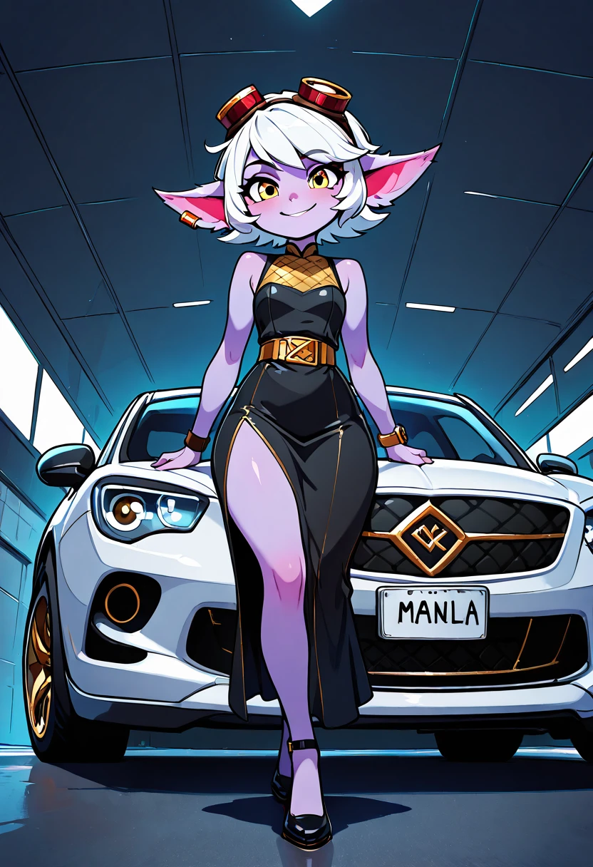 masterpiece, best quality, solo, curvy, beautiful eyes, narrow waist, wide hips, 1girl, solo, smile, looking at viewer, dynamic angle, foreshortening, close up,    zzTristana, yellow eyes, pointy ears, white short hair, purple skin, goggles on head, yordle,   ,<lora:TristanaIXL_v2:0.6>,[Mafia Underboss], dark navy blue pinstripe suit with sharp cuts, black leather belt with gold buckle, patterned silk tie in dark red and gold, black dress shoes with a glossy shine, silver cufflinks shaped like playing cards, heavy wristwatch, combed-back hair, leaning against a sleek black luxury car in a dimly lit parking garage,