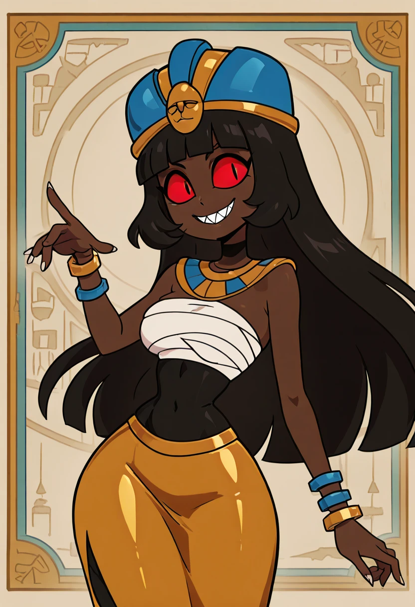 masterpiece, best quality, solo, curvy, beautiful eyes, narrow waist, wide , 1girl, solo, smile, looking at viewer, foreshortening, close up, zzNeffi, red eyes, colored sclera, black hair, long hair, dark skin, blunt bangs, slit pupils, sharp teeth, usekh collar, bracelet, fingernails, bandages, sarashi, skirt, anklet, egyptian clothes, blue headwear, gold headwear, gold skirt, <lora:NeffiNefertiti:1.0>, , smile, looking at viewer, cowboy shot, dynamic pose, abstract background, <lora:VividIXL_v2:0.7>,