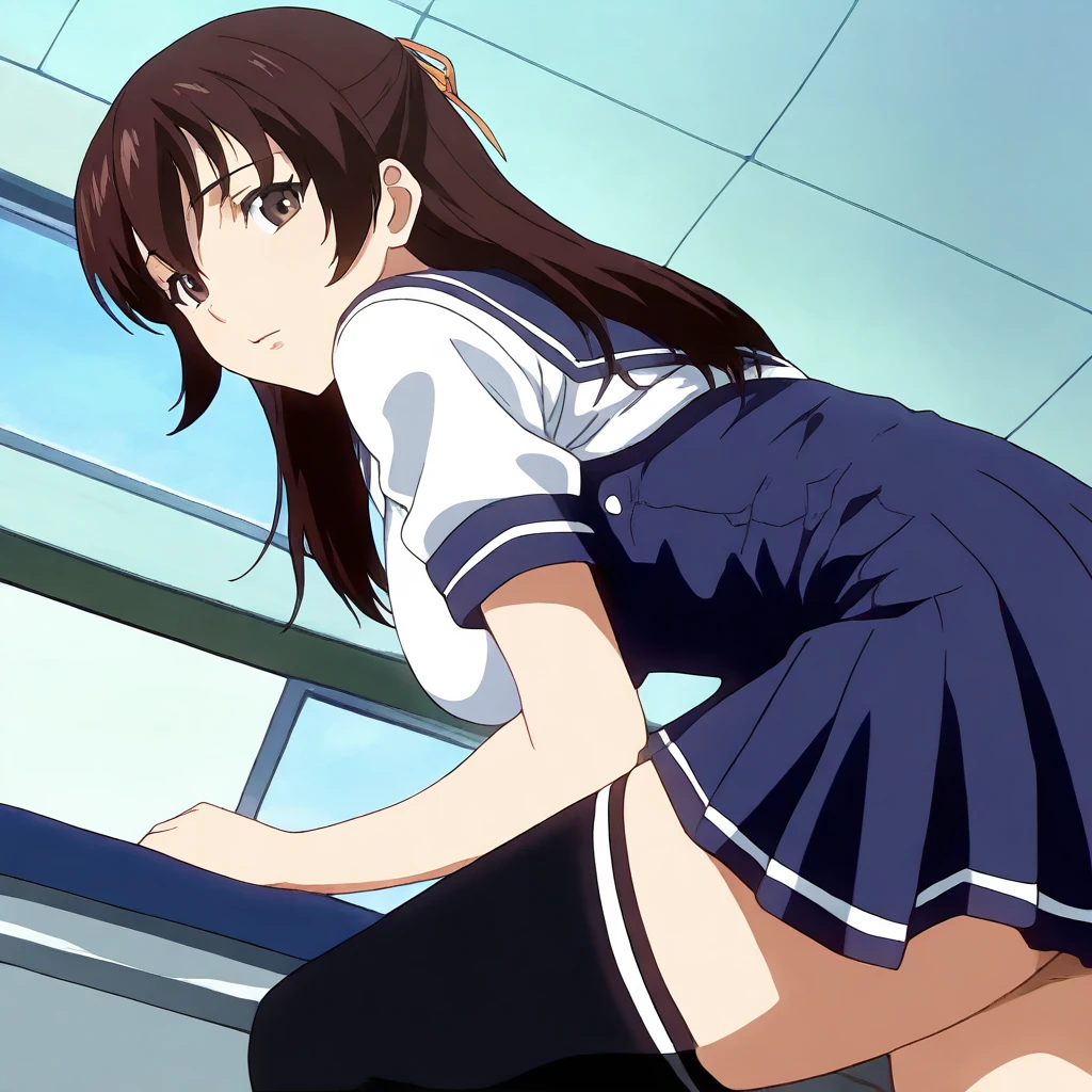 solo,looking at viewer,anime coloring,masterpiece,high score,great score,absurdres,from side,<lora:AmiUehara ag4o:1> amiuehara, brown hair, long hair, hair ribbon, brown eyes,serafuku,underbust,thighhighs,