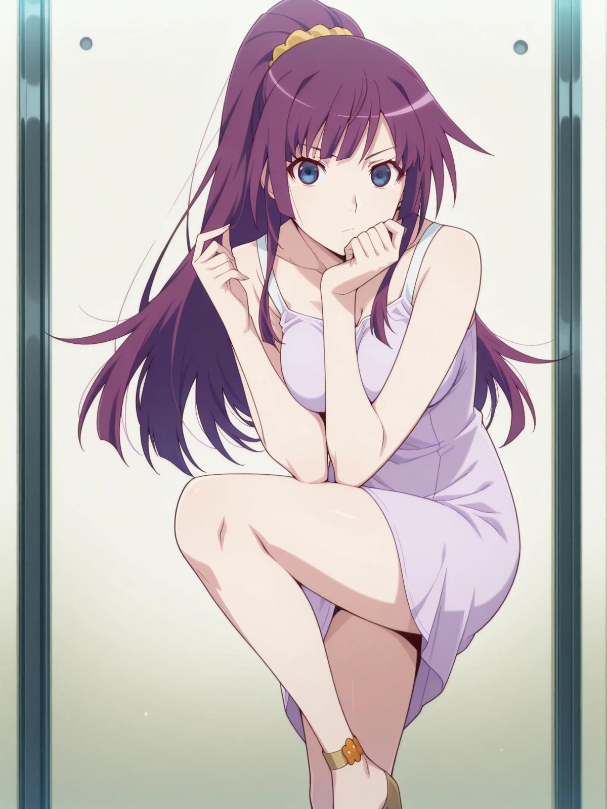 masterpiece, best quality, amazing quality,, <lora:hitagi-senjougahara-anime-illustriousxl-lora-nochekaiser:1>, hitagi senjougahara, long hair, bangs, ponytail, sidelocks, scrunchie, blue eyes, purple hair, , anime screencap, <lora:giuseppe-zanotti-spring-summer-2009-illustriousxl-lora-nochekaiser:1>, giuseppe zanotti spring summer 2009, solo, leg up, hands up, feet out of frame, hand on own chin, lookin at viewer, standing on one leg,, , ,