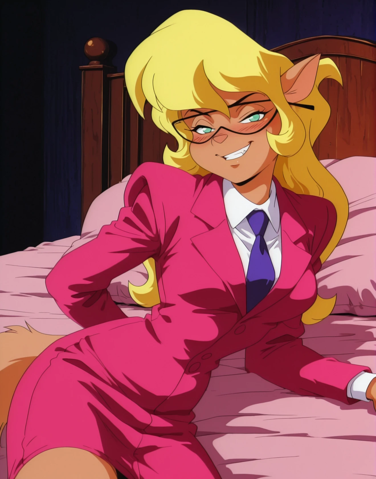masterpiece, best quality, source_furry, 1girl, solo, Callie_BriggsSWCT, glasses, blond hair, long hair, green eyes, furry, anthro, glasses, necktie, pink formal, suit, skirt, pencil skirt, pointy ears, retro artstyle, bangs, 1990s (style), <lora:Callie_BriggsSWCT_IL:1> grinning, smug, blushing, lying, on bed, looking at viewer,