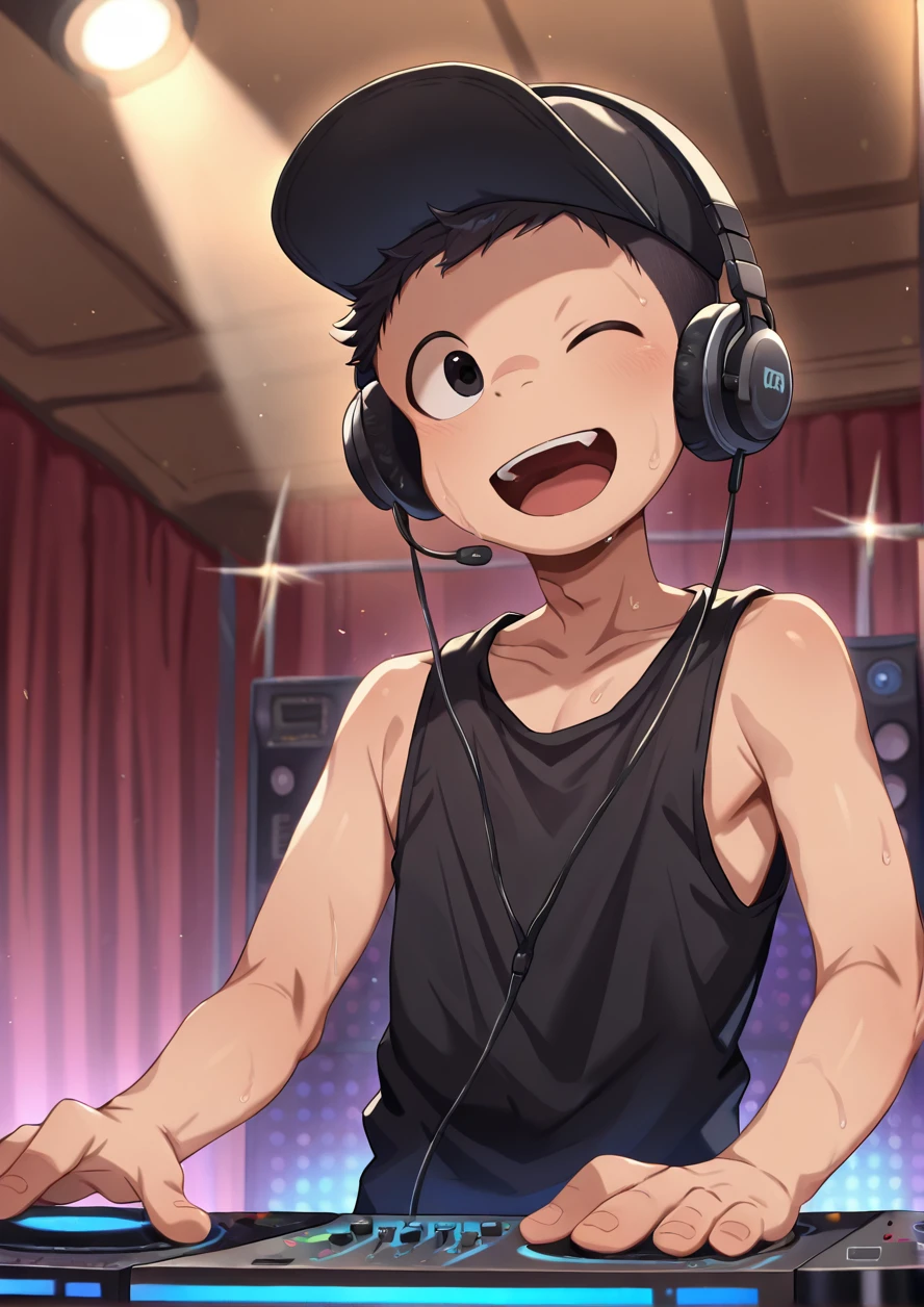 masterpiece,best quality,high quality,highly detailed,intricate,8k,absurdres,1boy,solo,black hair,very short hair,dance hall,music room,lighting,dj,headphone,headwear,black baseball cap,singing,sweat,black tanktop,wink,happy,open mouth,<lora:ããããwaryusya_IL7_32:1>