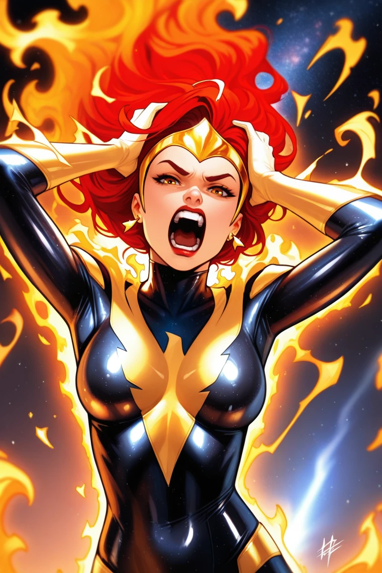  cosmicphoenix,masterpiece,best quality,solo, 1girl, open mouth, hands on own head, , multicolored hair, signature, red hair, fire, looking at viewer, long hair, gloves, upper body, fiery hair, superhero, teeth, , gradient hair, blue hair, space, yelling, skin tight, lips, red lips, tiara, shiny clothes, earrings, firey hair, armor, tokusatsu, helmet, sparks, electricity, fire, magic, aura, ahoge, tiara, phoenix symbol, gold,