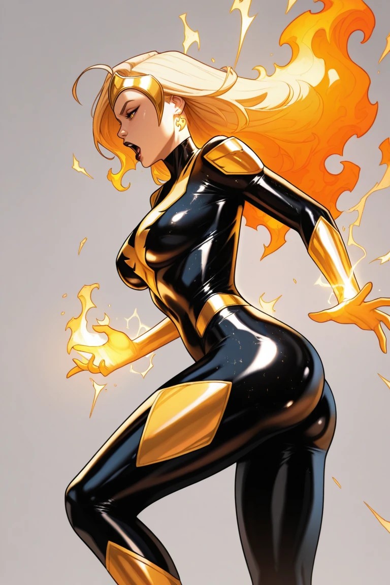 cosmicphoenix,masterpiece,best quality,amazing quality,highres,absurdres,newest,fiery hair, fire, 1girl, solo, , open mouth, blonde hair, from side, black lips, grey background, black , burning, simple background, , long hair, skin tight, lips, red lips, tiara, shiny clothes, earrings, firey hair, armor, tokusatsu, helmet, sparks, electricity, fire, magic, aura, ahoge, tiara, phoenix symbol, gold,