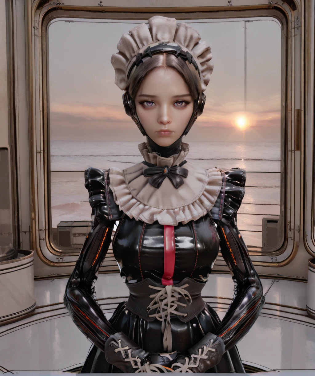 arisasbxl, brown hair, purple eyes,
maid, black dress, frills, headdress, mechanical arms, corset,
standing, looking at viewer, upper body, own hands together,
window, morning, seascape,
science fiction,
clear composition, atmospheric haze, ambient occlusion,
(insanely detailed, masterpiece, best quality), <lora:MaidArisaSBxl-12v1-ILL:1>,