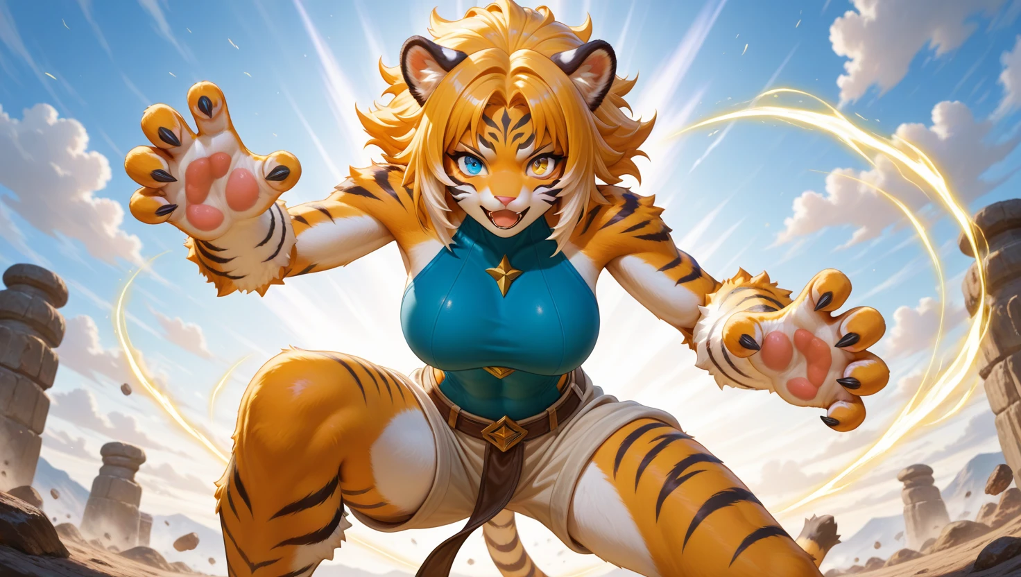 sfw:1.2, epic final battle scene, fierce and charismatic expression, nice hands, perfect hands, perfect anatomy, perfect structure, cowboy shot, from front, low angle, golden aura effect around her, standing, battle pose, claw pose, superhero landing:1.4, cat ears, gaze at viewer, background is glass-field in fantasy world, outdoors, she wearing an fantasy monk outfit, no-sleeve, cotton shorts, knee up, ultra detailed lips, ultra detailed face and hair, kawaii, adorable, cute, tiger girl, tiger furry body, furry face, furry legs, furry arms, tiger hands, tiger claw, (blue eye, yellow eye, odd eye), (Fluffy, woolly hair:1.2), large breasts, wide hip,, masterpiece, amazing quality, very aesthetic, high resolution, ultra-detailed, absolute, newest, 2d, semi-realistic, moe heroine, sharp focus, anime style, anime color,, masterpiece, amazing quality, very aesthetic, high resolution, ultra-detailed, absolute, newest,
2d, semi-realistic, moe heroine, sharp focus,, anime style, anime color,