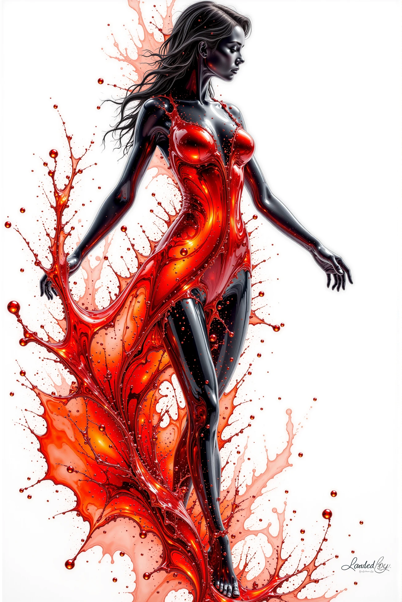 <lora:Liquid_Ladies:0.8> LiquidLady style.  Intricate composition, meticulously detailed, technically elaborate, glossy and shiny, brilliant deep ingenuity of artwork.  ((Techno-minimalistic, clean and sharp style) with a rigorous yet vibrant scientific illustration aesthetic. Precise and accurate lines, accentuated outlines:1.3). photorealistic  impressionist painting style  (vibrant picturesque Gorgeous splash of vibrant paint Alcohol ink art) , line art drawing , a (beautiful charming nobel lady). [beautiful hands]. wearing an exquisite dress, elegant pose, (her silhouette outlined with glowing red). (her silhouette contoured with glowing red). glossy white and gold color scheme.
professional, sleek, modern, minimalist, graphic, line art, vector graphics, black and white drawing, graphite drawing. Fluid and vibrant colors, unpredictable patterns, organic textures, translucent layers, abstract compositions, ethereal and dreamy effects, free-flowing movement, expressive brushstrokes, contemporary aesthetic, wet textured paper. award-winning, professional, highly detailed . extremely high-resolution details, photographic, realism pushed to extreme, fine texture, incredibly lifelike.