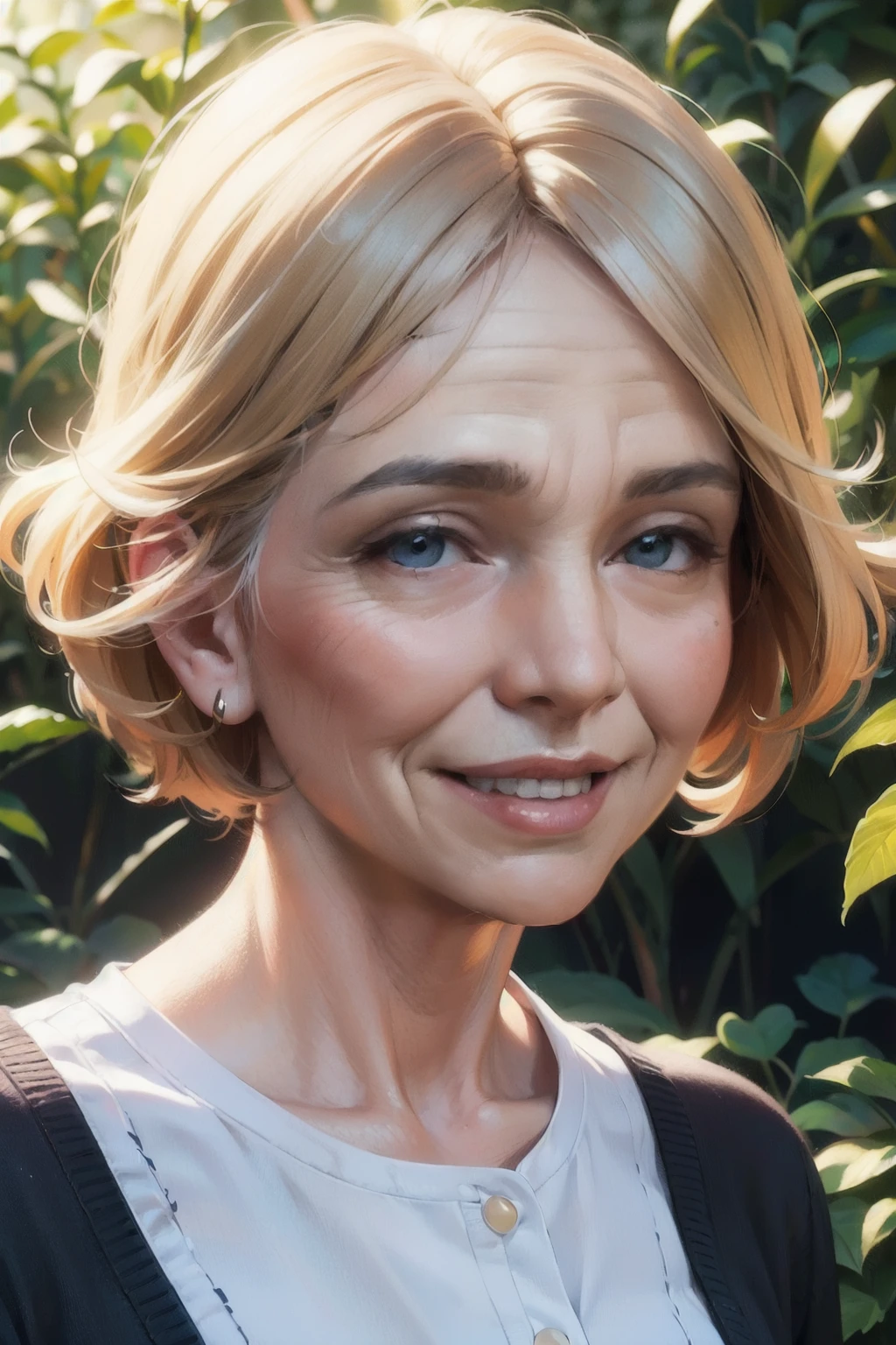 elderly woman, natural smile, soft lighting, wrinkled face, in the garden BREAK best quality, (ultra fine illustration, ultra detailed:1.2), soft lighting