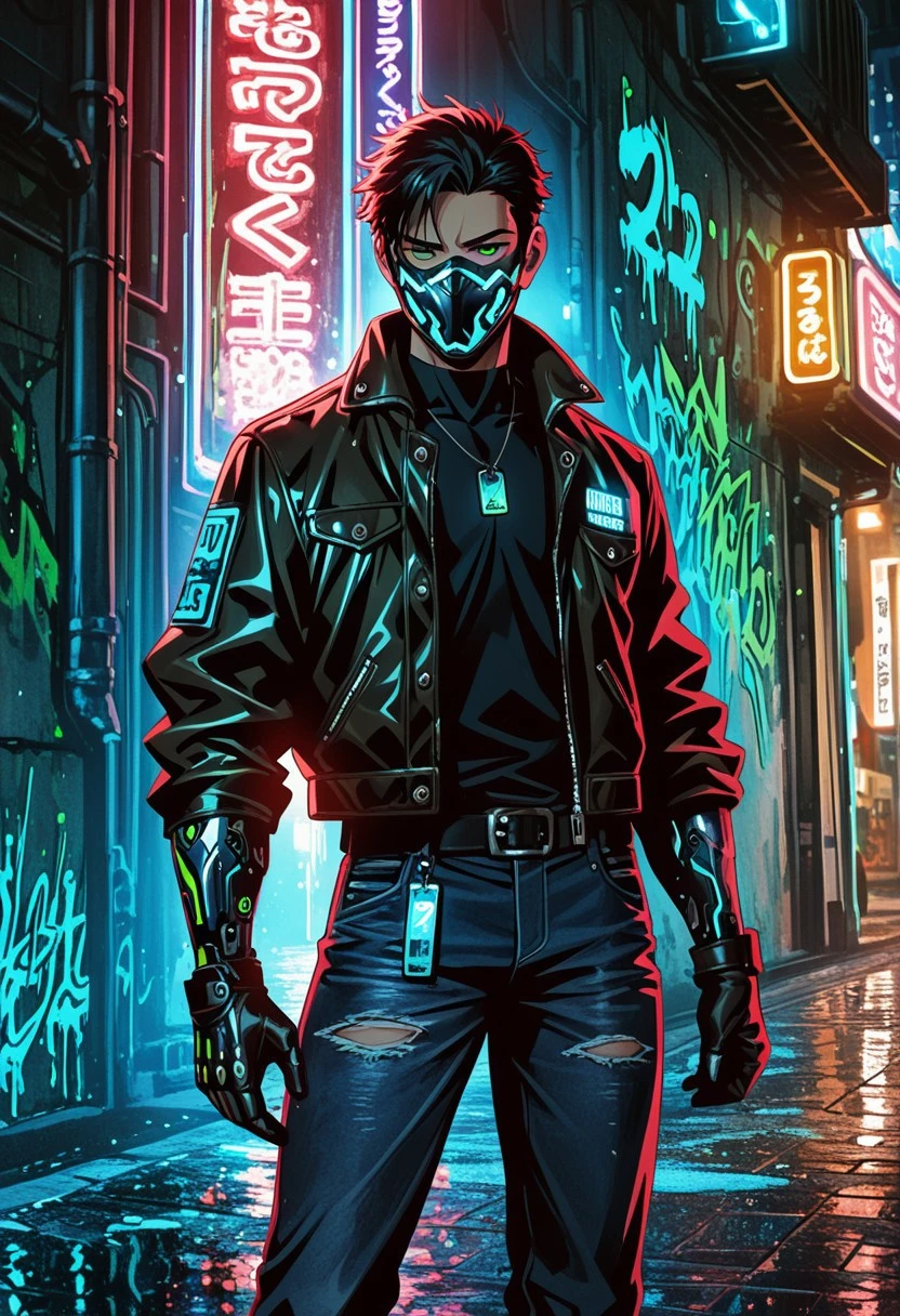 Masterpiece, best quality, amazing quality, cinematic, high detail, solo, 1boy, athletic and muscular build, short spiky black hair with metallic blue streaks, sharp green eyes with a slight glow, cybernetic mask partially covering the jawline, leather bomber jacket with neon blue accents, reinforced gloves with circuitry visible, ripped black jeans, mechanical arm with subtle electric sparks, standing confidently against a detailed graffiti wall covered in abstract shapes and vibrant tags, scattered neon lights reflecting on wet pavement, urban environment at night, high contrast lighting, bold outlines, futuristic graffiti-style textures, dynamic stance as if ready for action.