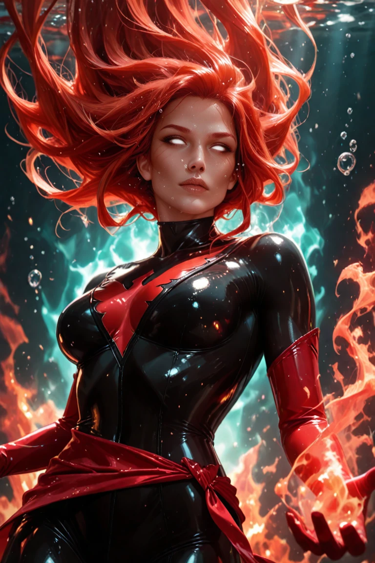 masterpiece, best quality, amazing quality, high resolution, absurdres, newest, very aesthetic, resurrectionphoenix, ,1girl, solo, black , white eyes, no pupils, long hair, red elbow gloves, floating hair, blank eyes, red gloves, red phoenix symbol, red hair, lips, , bubble, air bubble, under water, fire, magic, aura,