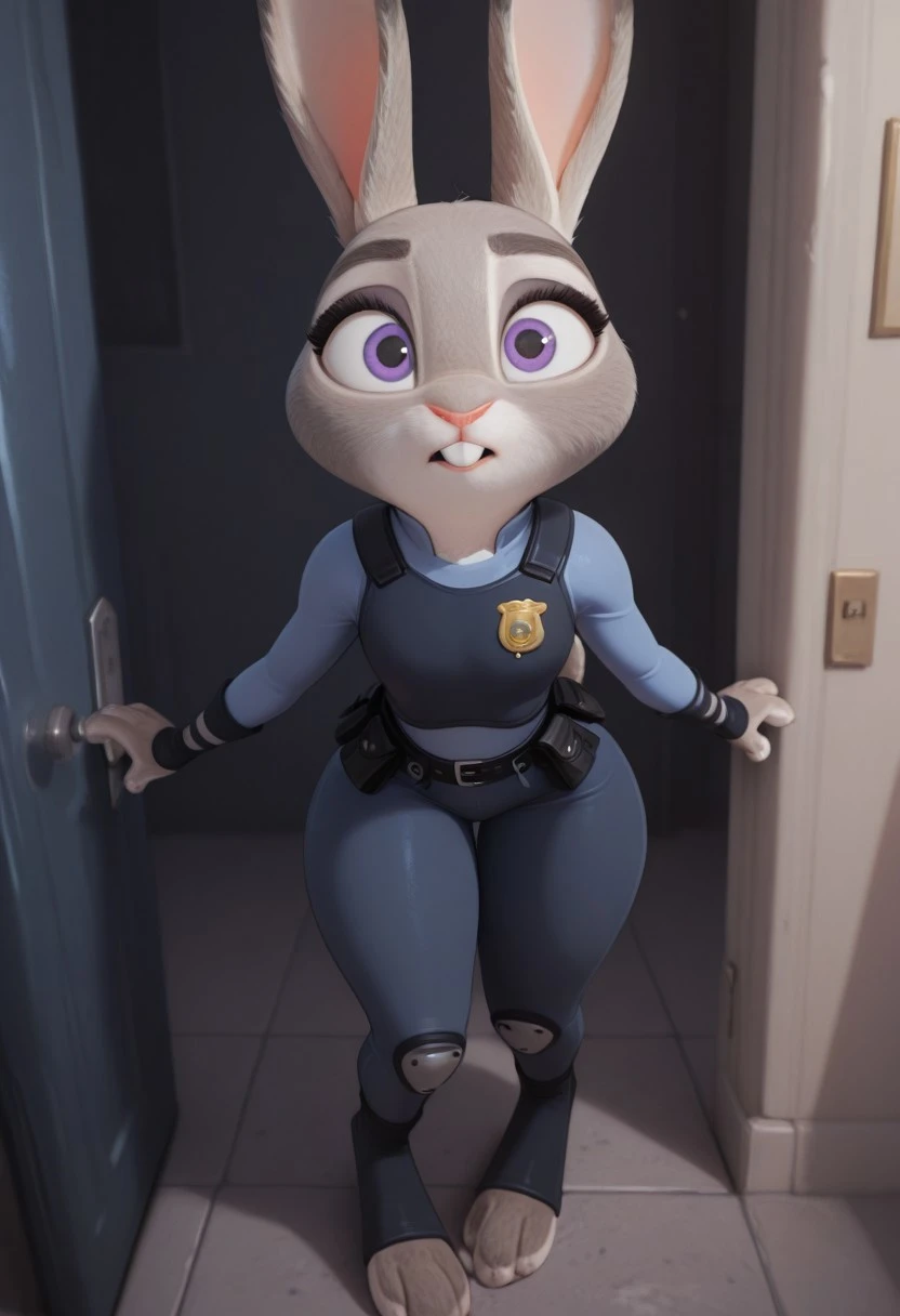 masterpiece, best quality, newest, absurdres, highres, 1girl, solo, furry, anthro, rabbit girl, judyhoppsILL, rabbit ears, purple eyes, grey fur, blue police uniform, toeless legwear, vest, blue pants, buckteeth,