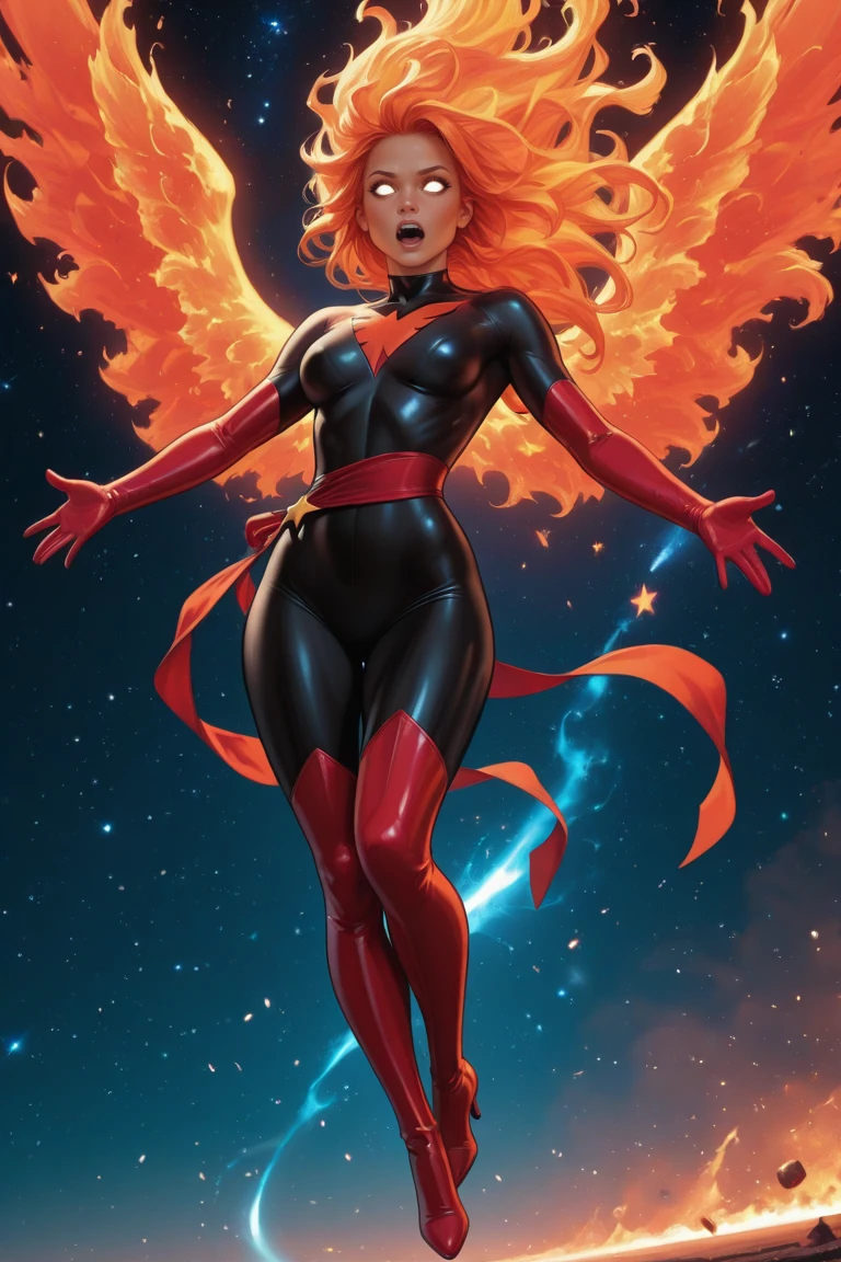 masterpiece, best quality, amazing quality, high resolution, absurdres, newest, very aesthetic, resurrectionphoenix, ,fiery wings, space, 1girl, solo, orange wings, black , long hair, wings, glowing, orange hair, flying, fiery hair, blonde hair, fire, outstretched arms, red gloves, blank eyes, white eyes, open mouth, glowing eyes, star \(sky\), energy wings, red phoenix symbol, red waist sash, red thighighs, red boots, high heels,