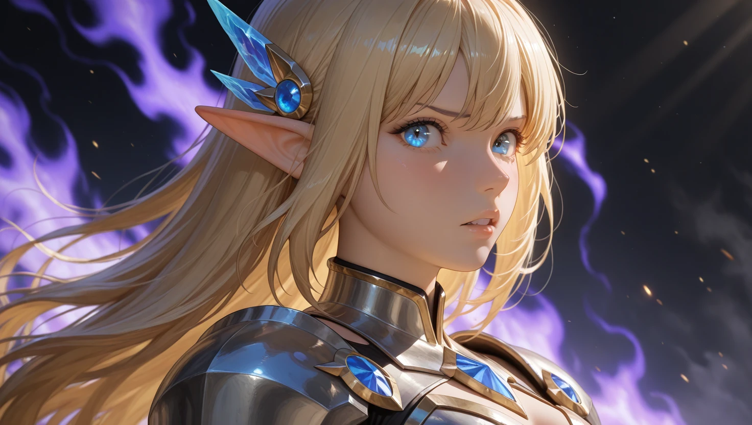 headshot, ((close-up eyes, face focus)), sfw:1.2,
epic final battle scene, fierce and charismatic expression, Swinging Down massive cursed greatsword with emitting a cursed effect, wearing ornate black fantasy long-dress with intricate metallic engravings, black light armor, flowing golden hair, standing in a ruined city engulfed in blue flames and smoke, powerful dramatic lighting, atmospheric effects, high detail, dark aura effect around her,
ultra-detailed armor, perfect anatomy, battlepose, dynamic composition, low angle, from side, looking at viewer.
ultra detailed lips, ultra detailed face and hair, beautiful eyes,
kawaii, adorable, cute,
elf girl, (apatite eyes with CGI Effect), (long hair, deep blonde hair:1.2),
medium breasts, wide hip,
BREAK, volumetric lighting, gaze at away, sharp eyes, angry,, masterpiece, amazing quality, very aesthetic, high resolution, ultra-detailed, absolute, newest,
2d, semi-realistic, moe heroine, sharp focus,, anime style, anime color,