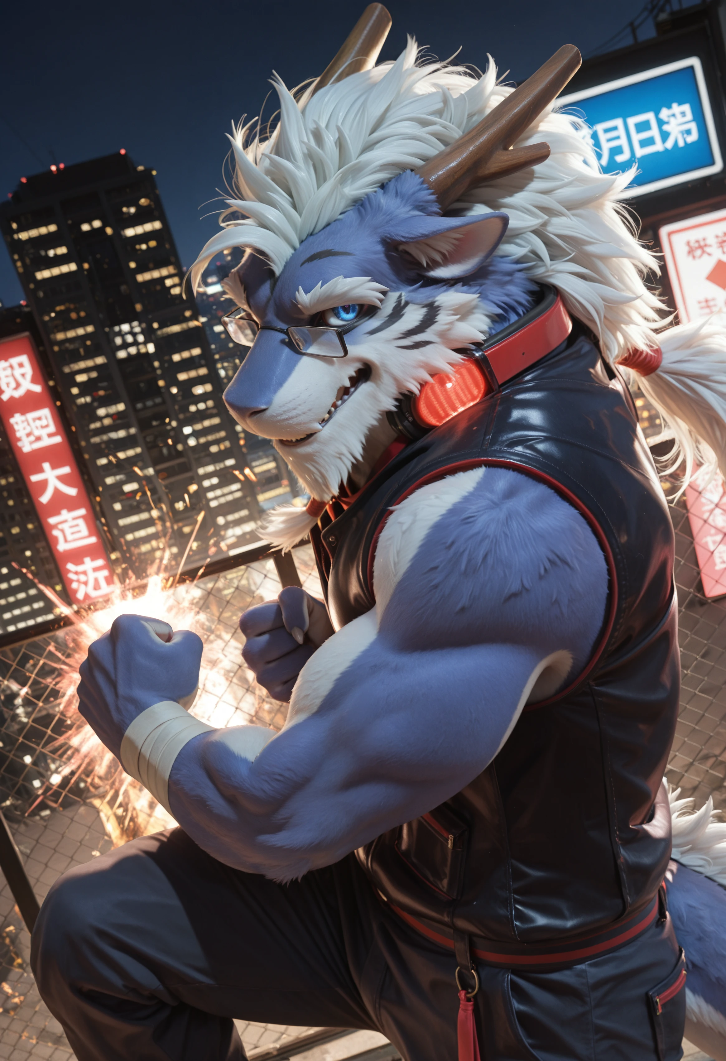 (masterpiece, best quality, very aesthetic, newest, 2024:1.2), (photorealism, photorealistic:1.2), hi res, detailed fur, fluffy fur, close up,   dutch angle, shiki_taigen, dragon, furry male, furry, male focus, body fur, 1boy, solo, animal ears, tail, horns, blue eyes, bara, looking at viewer, long hair, glasses, white hair, urban rooftop, neon skyline, glowing billboards,   mid-motion punch, fist lunging forward, other arm back, torso twisted, legs wide,   focused, fierce, determined expression,   looking forward,   close-up frontal action shot, motion blur,   sleeveless jacket, bandages on fists,   neon reflections, cinematic dynamic light, ultra-detailed,    <lora:noobReal-V2.1:0.45> <lora:Shiki_Taigen_UTAU_Illustrious:1>