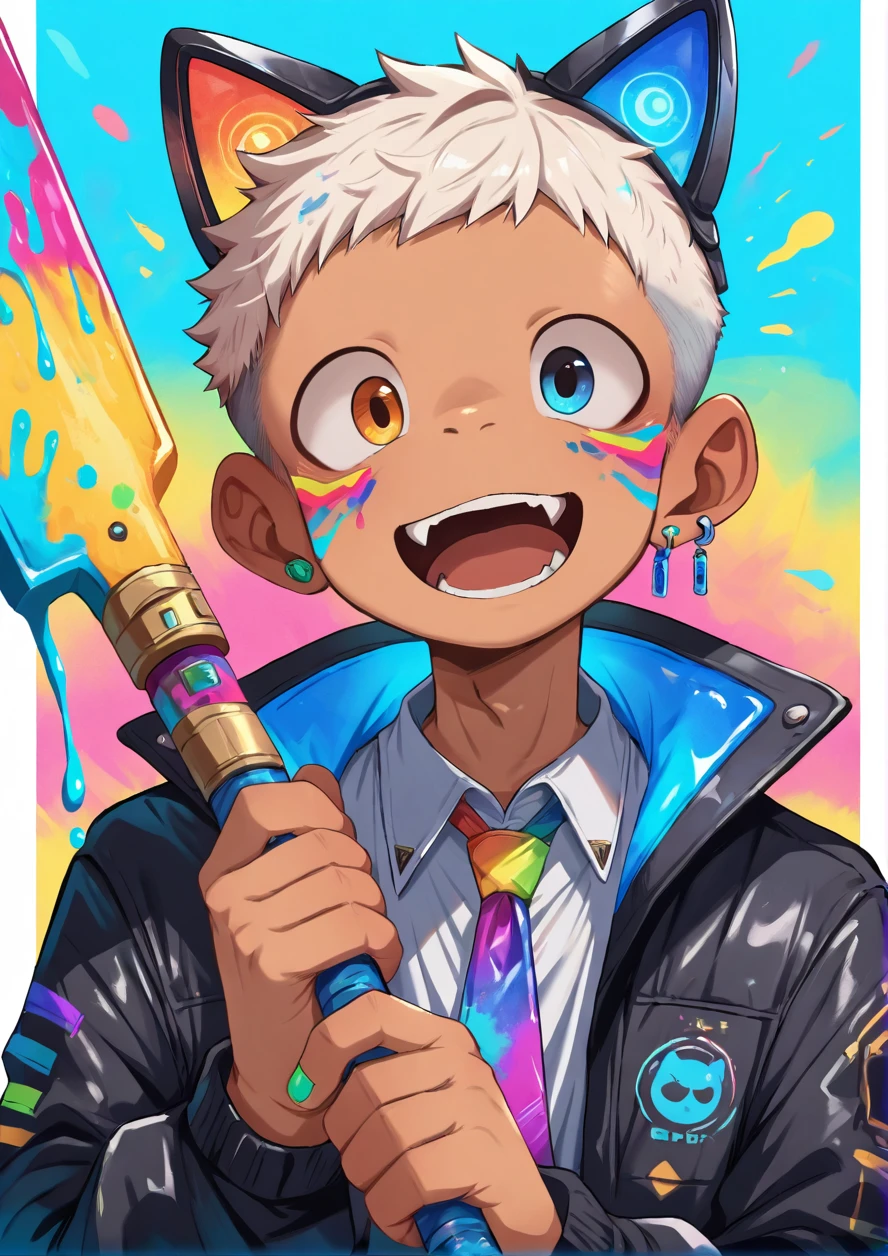 masterpiece,best quality,high quality,highly detailed,intricate,8k,absurdres,1boy,solo,colorful weapon,very short hair,open mouth,cute smile,cyber shirt,cyber,bottoms,round eyes,heterochromia,light color eyes,open mouth,light color hair,tan skin,looking at viewer,cyber jacket,fangs,colorful,colorful colored,holding,cyber tie,cat ear,cyber headwear,paint,face paint,disheveled shirt,upper body,close up face,colorful background,smork,colorful nail,
colorful earrings, <lora:ããããwaryusya_NAI2:1>