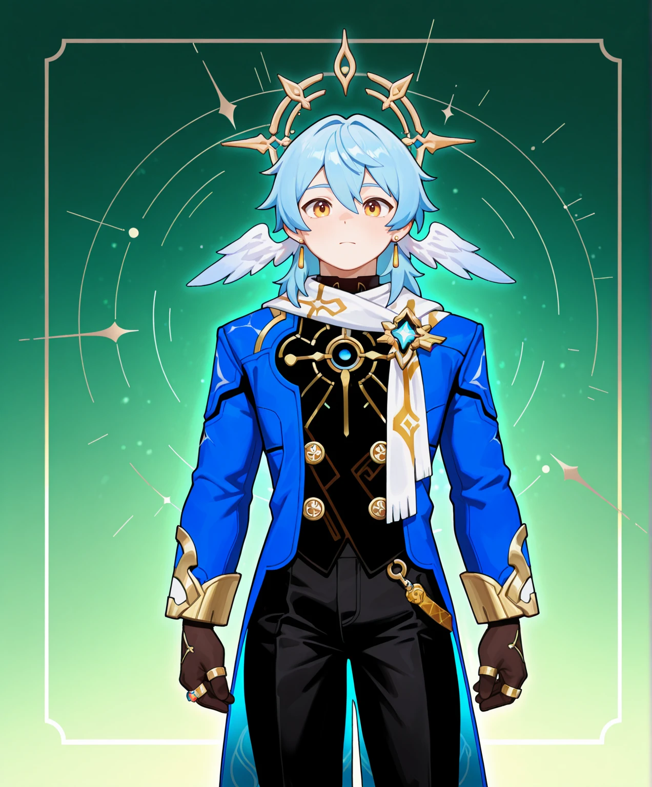 masterpiece, best quality, absurdres, newest, perfect quality, best quality, detailed background, intricate details, bara, (boy, male, male focus:1.5), (human:1.8), <lora:IL_BaraMerge_2.1:0.4> <lora:NAI_Style_CheeseCrumbles:0.3> cheesecrumbles <lora:NAI_Style_Yuatari:0.3>, cute, <lora:IL_Fix_AgeSlider:-1>, young, teen, fit body, muscles, big pecs, (tiny waist), sunday \(honkai: star rail\), blue hair, golden eyes, earrings, halo, closed (multicolored:1.3) black and dark blue large coat with yellow inner fabric, white scarf with brooch, long sleeves, gloves, black pants, rings, (solo, 1boy:1.3), (facing viewer), looking at viewer, cowboy shot, (simple green background)