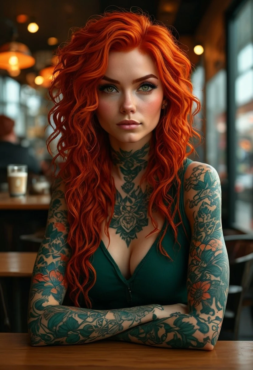 ScarletQueen, cinematic realism, ultra-detailed portrait of a fiery-haired queen in a modern coffee shop, sitting confidently with a latte, showing attitude through her piercing gaze and bold body language, intricate tattoos visible on her arms and shoulders, casual urban fashion with a regal twist, natural lighting through coffee shop windows, cinematic depth of field, detailed textures, vibrant yet moody color tones, storytelling atmosphere