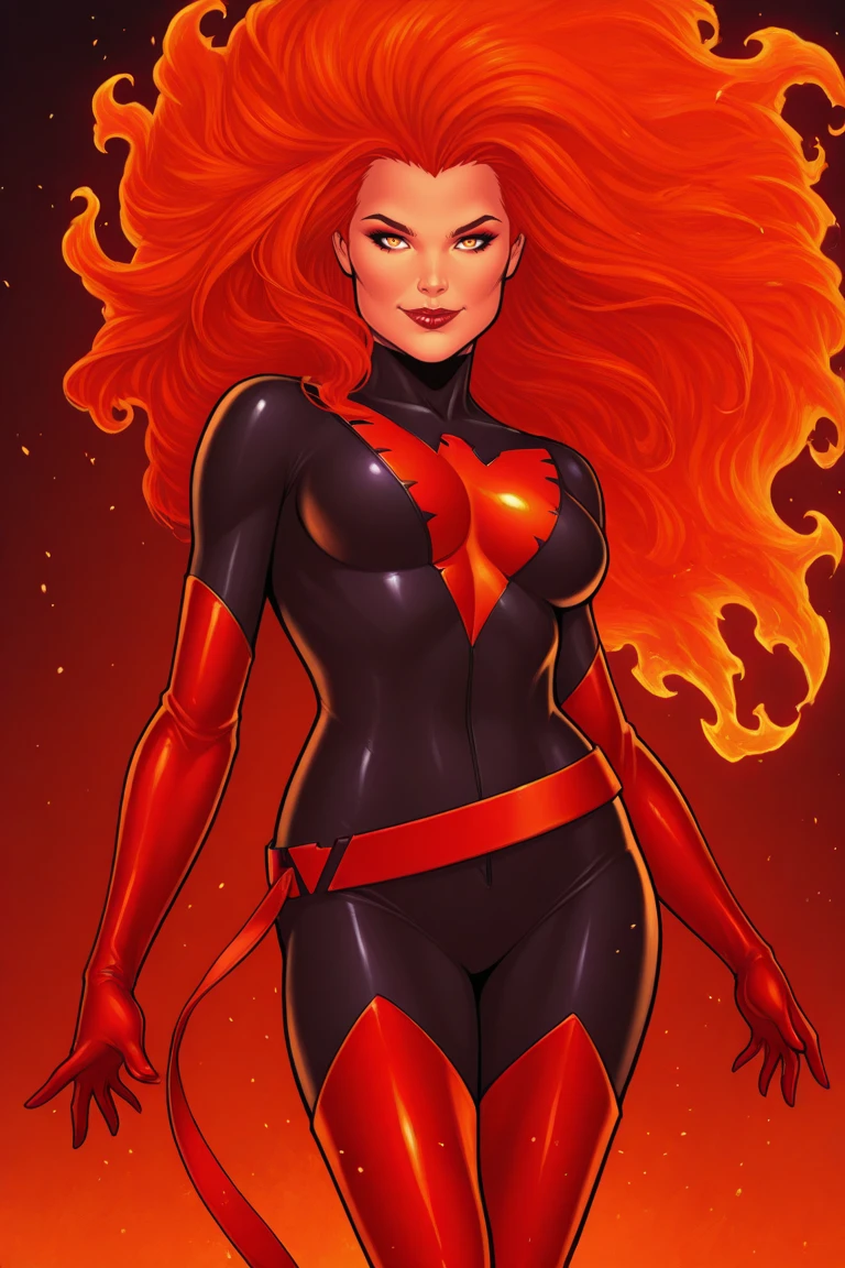 resurrectionphoenix, 1girl, long hair, , red hair, , orange hair, fiery hair, big hair, makeup, , thighhighs, gloves, thigh boots, belt, looking at viewer, fire, solo, embers, skin tight, smile, lipstick