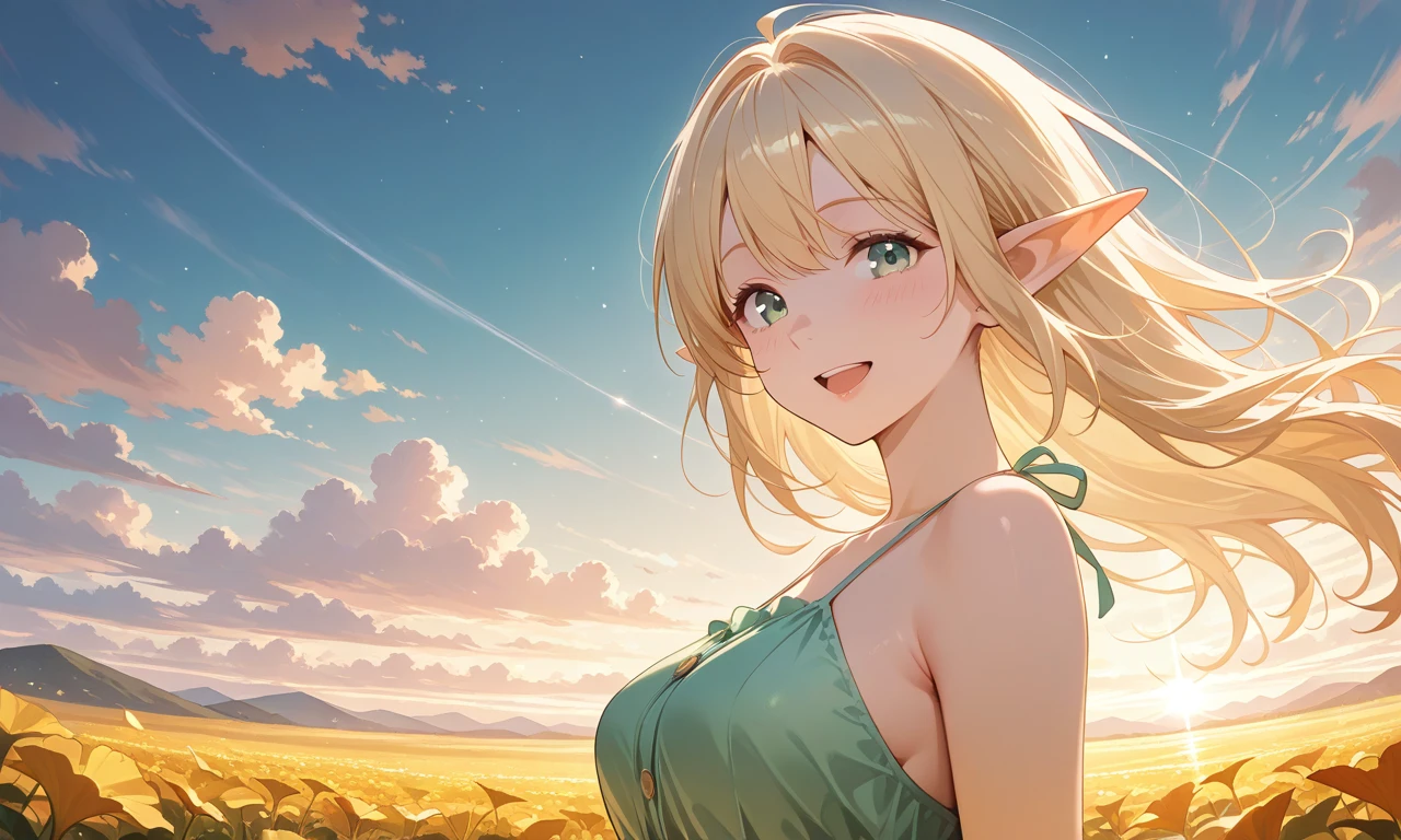 (outdoors, 1girl, solo), sfw:1.2,
upper body shot, from side, low angle, looking at viewer, close-up eyes, face focus,
BREAK,
A elf girl dancing still on a promenade lined with lush green trees.  wearing a spaghetti straps autumn dress.
She gazes thoughtfully at the serene landscape, as if absorbing the beauty of the world around her.
while the autumn sunlight breaks gently through the clearing clouds above.  surrounded by the vivid greens
spread arm,
BREAK,
ultra detailed lips, ultra detailed face and hair,
((Swaying in the wind)),
kawaii, adorable, cute,
elf girl, (apatite eyes with CGI effect), (deep blonde hair:1.2),
medium breasts, wide hip, open mouth big smile face,
BREAK, volumetric lighting,, masterpiece, amazing quality, very aesthetic, high resolution, ultra-detailed, absolute, newest,
2d, semi-realistic, moe heroine, sharp focus,, anime style, anime color,