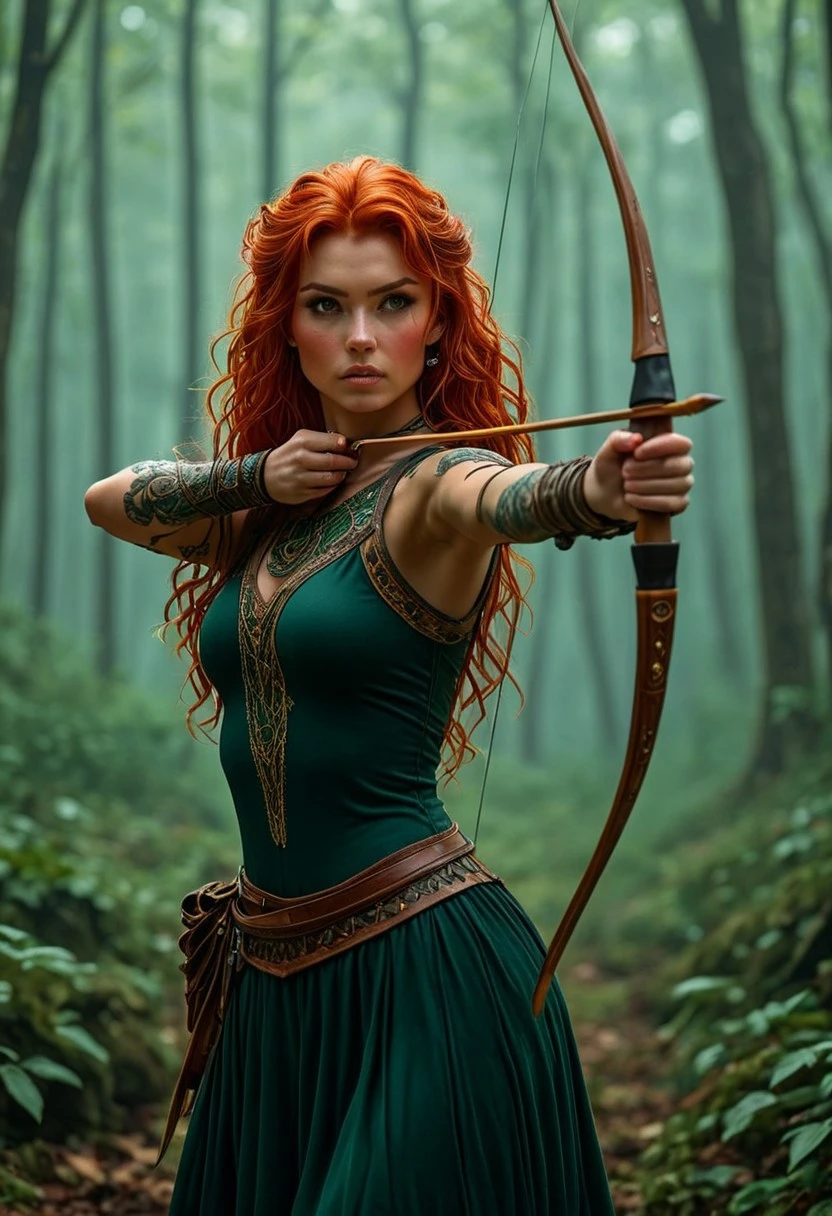 ScarletQueen, HyperRealism, girl next door style, cinematic realism, fiery red hair, Celtic tattoos, Archery bow with no strings in one hand, ((power action pose after shooting)), determined expression, dynamic stance, misty forest, volumetric fog, dramatic lighting, photorealistic, high detail, sharp focus, ultra-detailed of a fiery-haired queen, cinematic depth of field, detailed textures, vibrant yet moody color tones, storytelling atmosphere, fierce queen holding a traditional wooden recurve bow, perfectly strung, arrow nocked, strong stance, detailed archery form, accurate bowstring tension, sharp arrowhead, dynamic pose, ultra-detailed hands and fingers gripping the bow correctly, focused expression, cinematic forest background, realistic weapon design, photorealistic textures, action scene energy