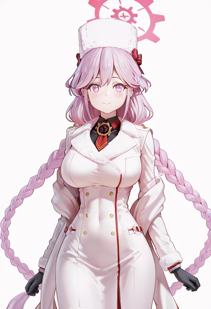 masterpiece, best quality, solo, curvy, beautiful eyes, narrow waist, wide hips, 1girl, solo, smile, looking at viewer, zzTomoe, pink eyes, pink hair, long hair, large breasts, braid, very long hair, pink halo, black gloves, necktie, ushanka, white headwear, fur trim, long sleeves, solo, winter clothes, black pantyhose, purple hair, twin braids, white coat, ,<lora:Tomoe_BlueArchive_IXL:1.0>, , solo, looking at viewer, f1gur3, plastic, white background, simple background, <lora:AnimeFigure_IXL:1.0>,