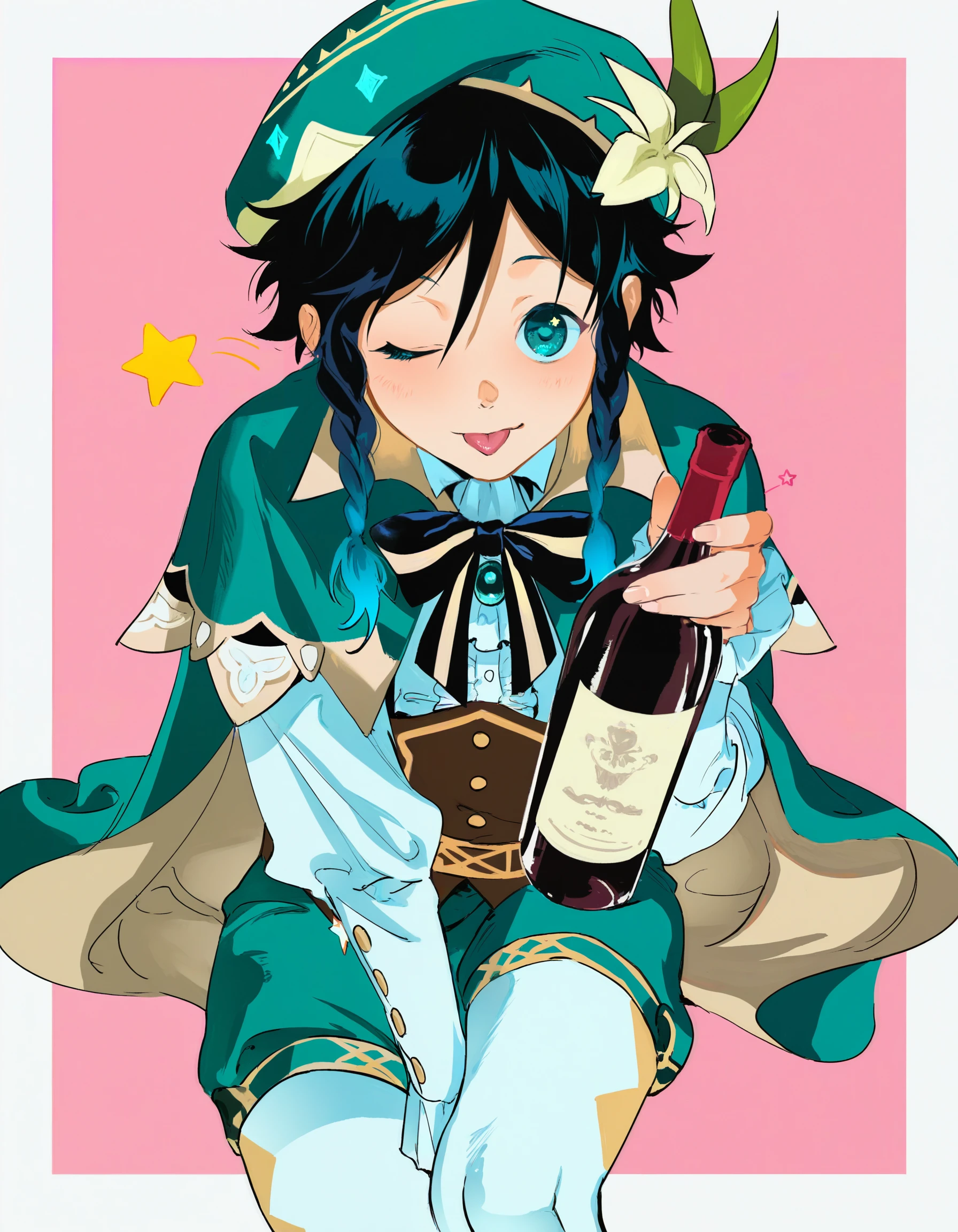 atie1225, <break> 1boy, venti, holding, wine bottle, holding, bow, sitting, light pink background, flirting, hat, pantyhose, one eye closed, looking at viewer, wink star, :p, cowboy shot, outside border, <break> very awa, masterpiece, best quality, amazing quality, highres, detailed background, ultra-detailed, <segment:yolo-face_yolov8n.pt,0.3,0.4//cid=11> <segment:yolo-hand_yolov8n.pt,0.3,0.4//cid=12>