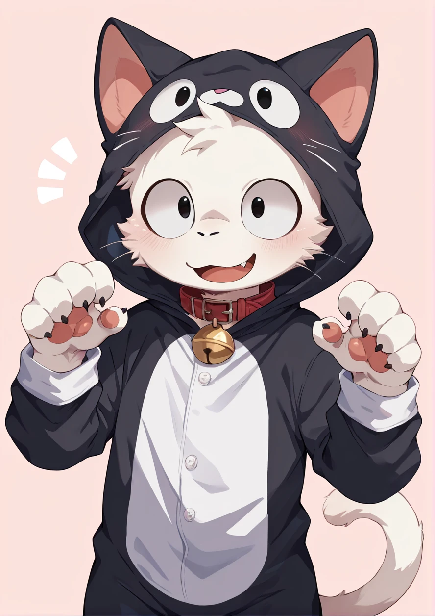 masterpiece,best quality,high quality,highly detailed,intricate,8k,absurdres,1boy,solo,furry boy,round eyes,sanpaku,furry,white fur cat,black cat costume,cat ears,white cat tails,cat collar,pink background,simple background,cat pose,cute smile,fang,blush,<lora:ããããwaryusya_IL7_32:1>