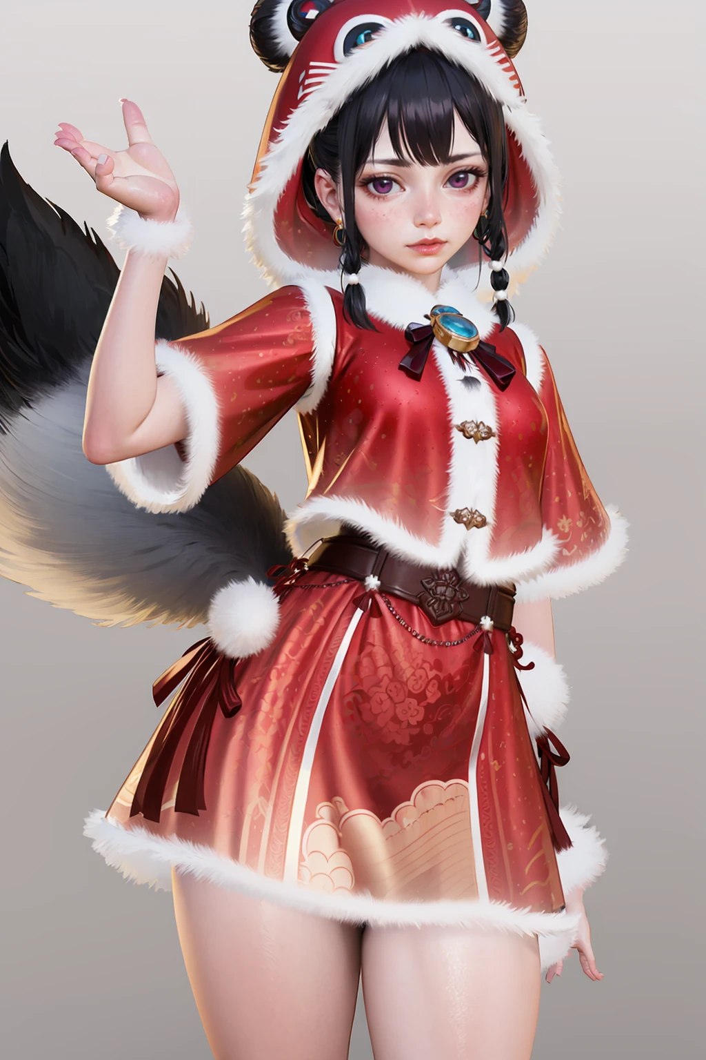 ,1girl,fur trim,white footwear,(red hat:1.3),(animal hood:1.3),red skirt,bell,chinese clothes,capelet,pom pom (clothes),black hair,double bun,purple eyes,(white_background:1.5),front view,(cowboy_shot:1.4),looking_at_viewer,<lora:æ°¸å«æ é´è¡æ¡æ¥æ¡ç¬SD1.5:0.7>, (masterpiece:1.2),best quality,masterpiece,highres,original,extremely detailed wallpaper,perfect lighting,(extremely detailed CG:1.2),