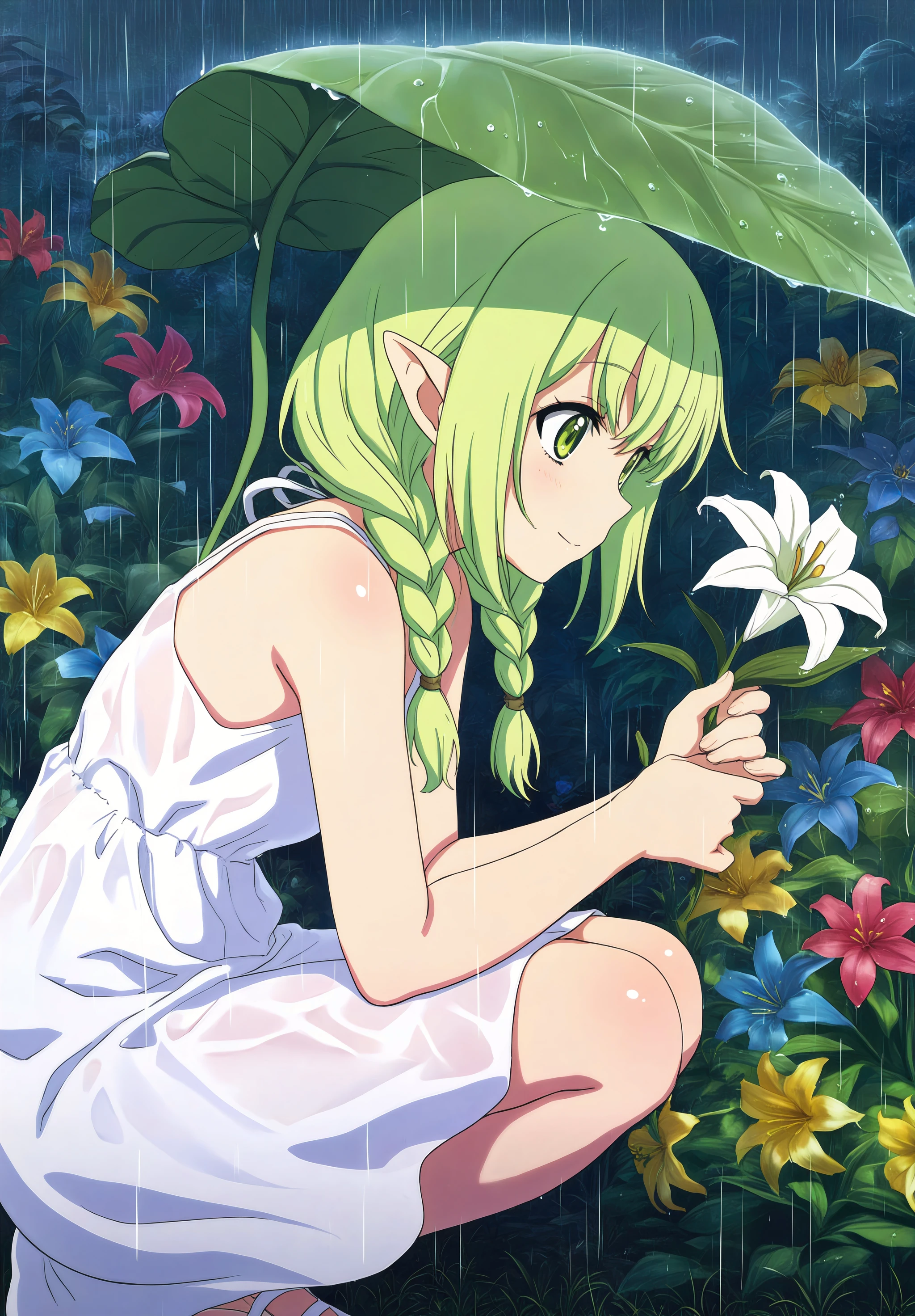 masterpiece,absurdres,best quality,high quality,<lora:MeMaXL5 Type A Vpred Wai2:1>,1girl,leaning forward,bush,multicolored flower,holding flower,pointy ears,green eyes,smile,light blush,twin braids,rain,(white sundress:1.1),close-up,squatting,portrait,from side,lily \(flower\),large leaf,