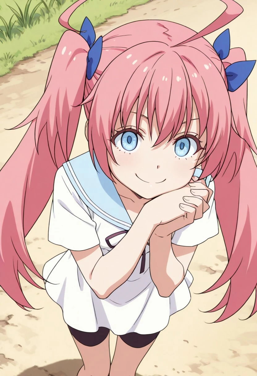 solo, close-up, high angle, woman, aamilim, blue eyes, pink hair, twintails, huge ahoge, casual1, blue hair ribbon, black neck ribbon, white dress, blue sailor collar, short sleeves, bike shorts, shorts under dress, anime coloring, endearing_pose, own hands together, interlocked fingers, hands on chin, looking at the viewer, smile, outdoor, grass, masterpiece, 4k resolution, anime