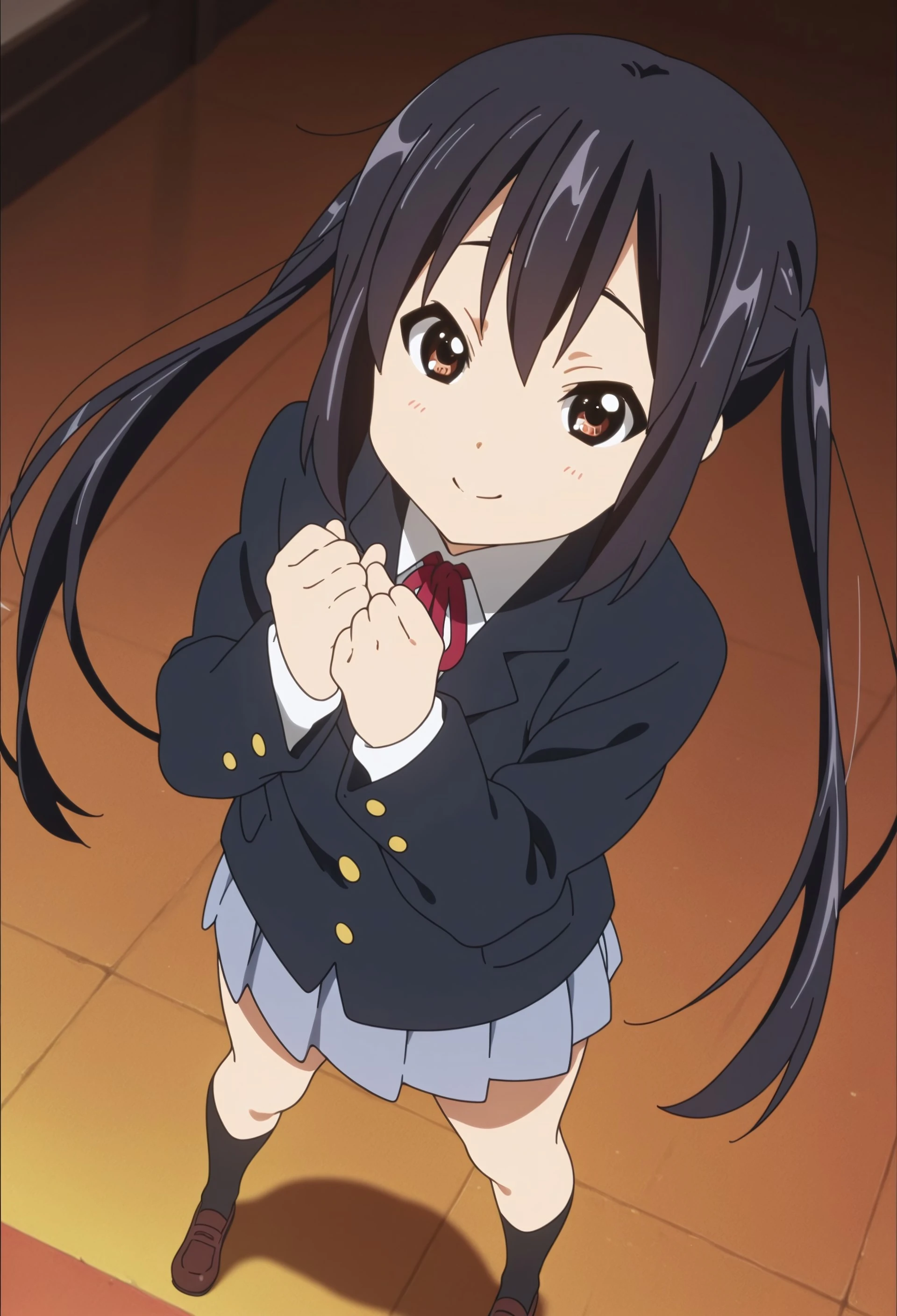 Masterpiece, best quality, dynamic_pose, anime coloring, anime screencap, 1girl, nakano azusa, long hair, black hair, twintails, brown eyes, blazer, skirt, sakuragaoka high school uniform, black
socks, brown loafers, looking_at_viewer, standing, from above, smile