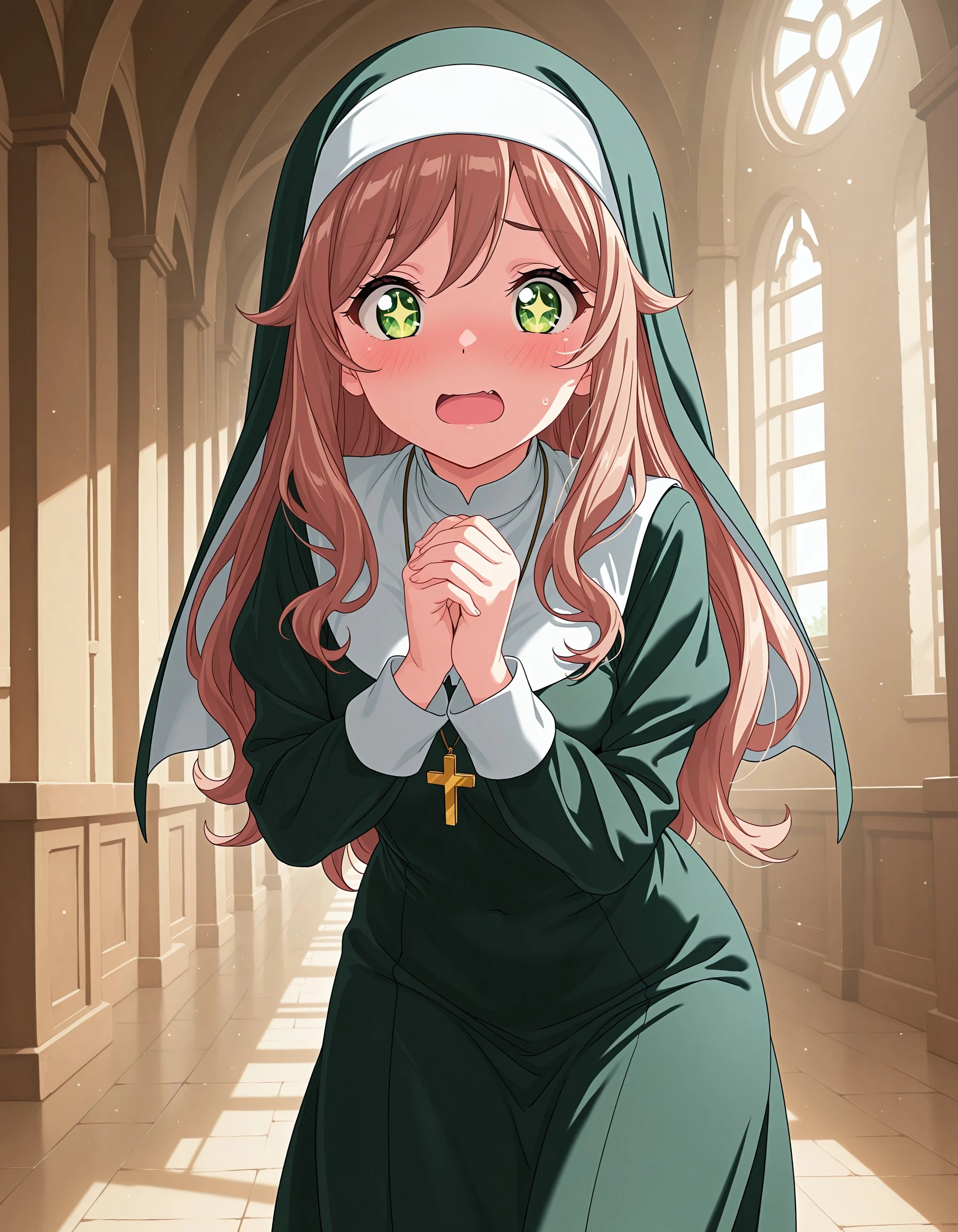 masterpiece, best quality, very aesthetic, absurdres, solo, green eyes, brown hair, long hair, lisachi, open mouth, +_+, blush, looking at viewer, cosplay, dress, lisachi, green dress, nun, priestress, <lora:f71e5fc9-5392-46e2-a914-a9b916258fb0:0.7>