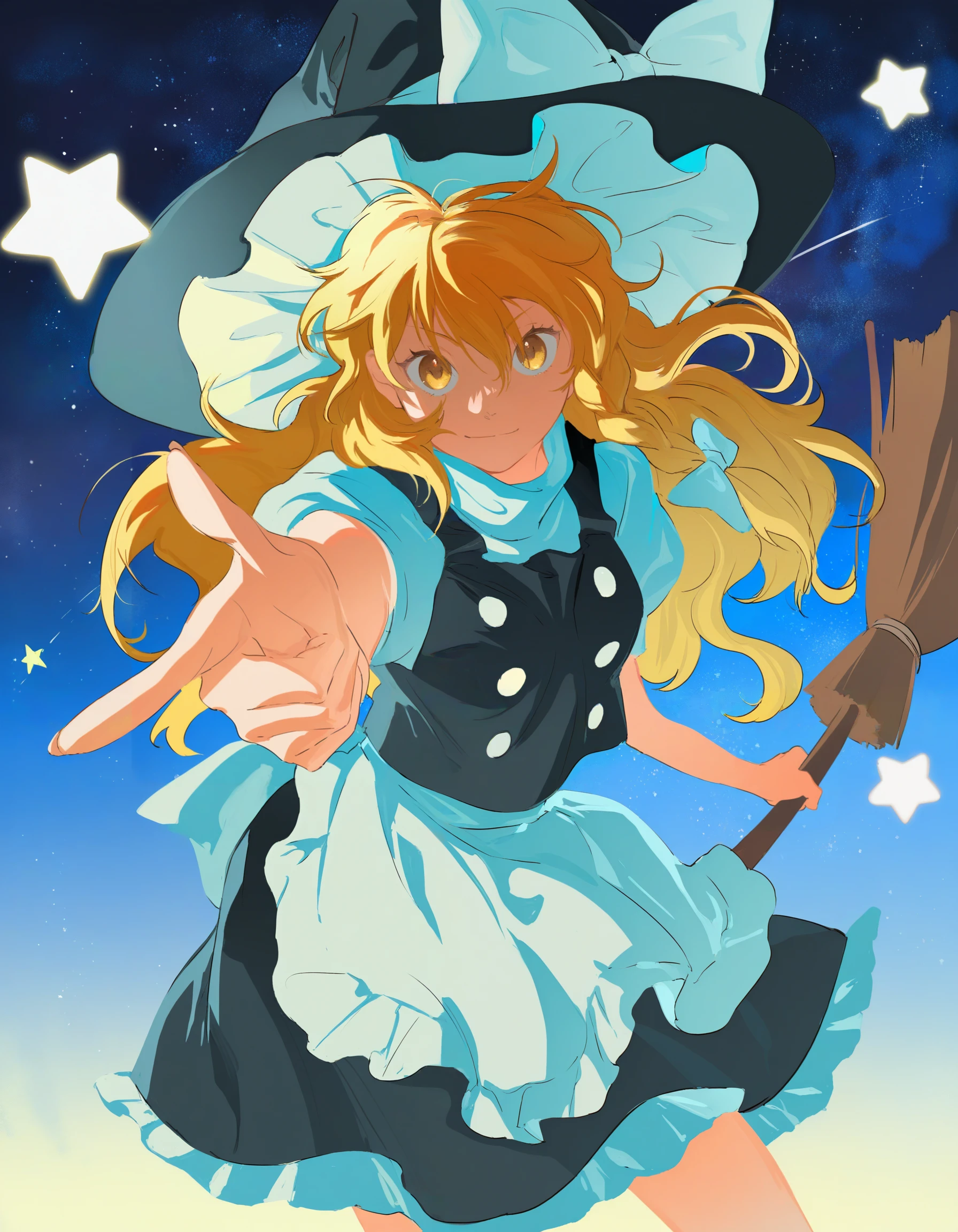 atie1225, <break> 1girl, kirisame marisa, star \(symbol\), finger gun, from above, holding broom, cowboy shot, <break> very awa, masterpiece, best quality, amazing quality, highres, detailed background, ultra-detailed, <segment:yolo-face_yolov8n.pt,0.3,0.4//cid=11> <segment:yolo-hand_yolov8n.pt,0.3,0.4//cid=12>
