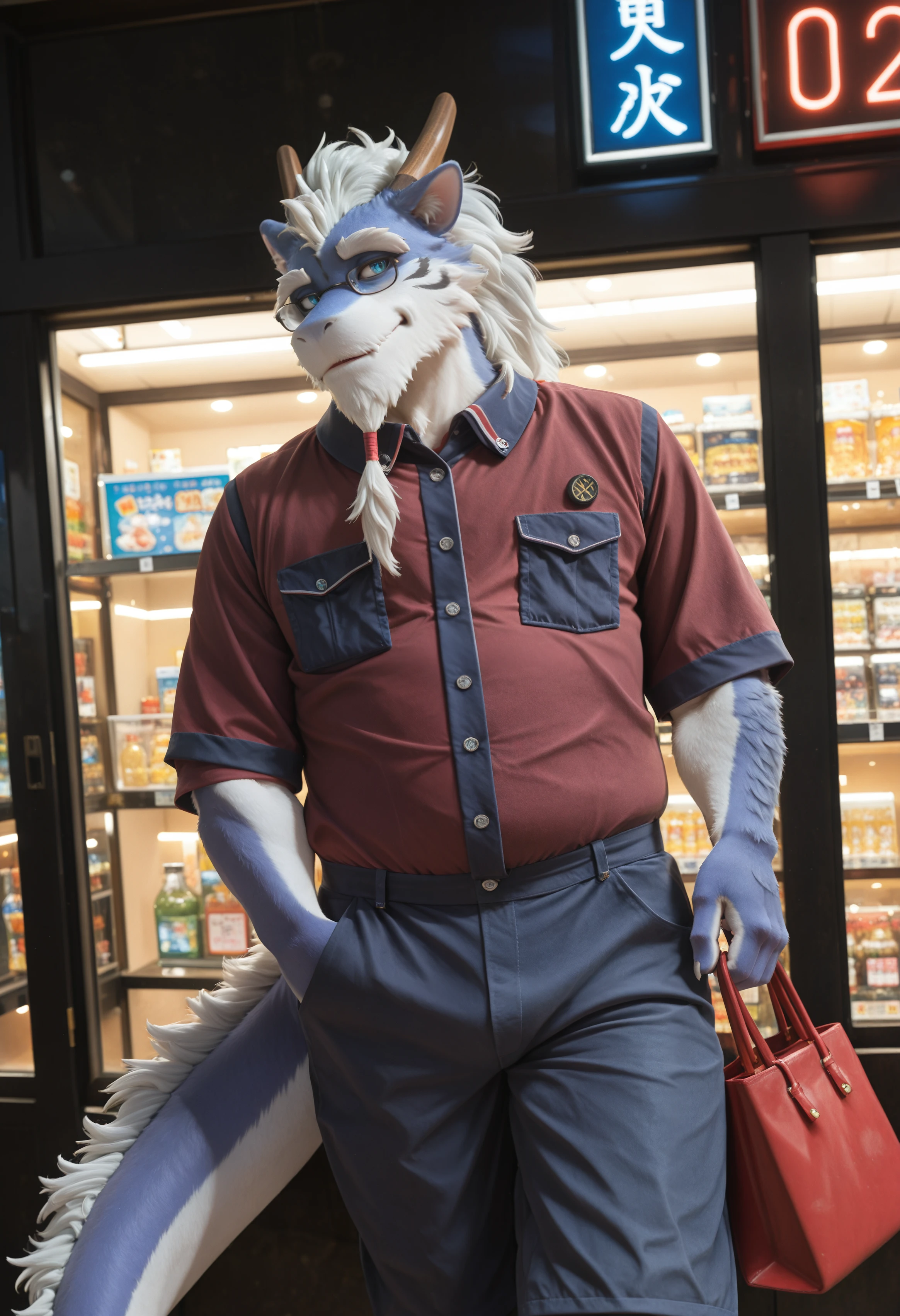 (masterpiece, best quality, very aesthetic, newest, 2024:1.2), (photorealism, photorealistic:1.2), hi res, detailed fur, fluffy fur, close up, dutch angle, shiki_taigen, dragon, furry male, furry, male focus, body fur, 1boy, solo, animal ears, tail, horns, blue eyes, bara, looking at viewer, long hair, glasses, white hair, japanese clothes, modern city street, neon signs, shop windows, evening light, walking forward, one paw in pocket, other holding bag, torso upright, tail swinging, calm, confident, casual expression, looking forward, three-quarter medium shot, low angle, casual modern clothes, neon glow, cinematic atmosphere, high detail, hdr, <lora:noobReal-V2.1:0.45> <lora:Shiki_Taigen_UTAU_Illustrious:1>