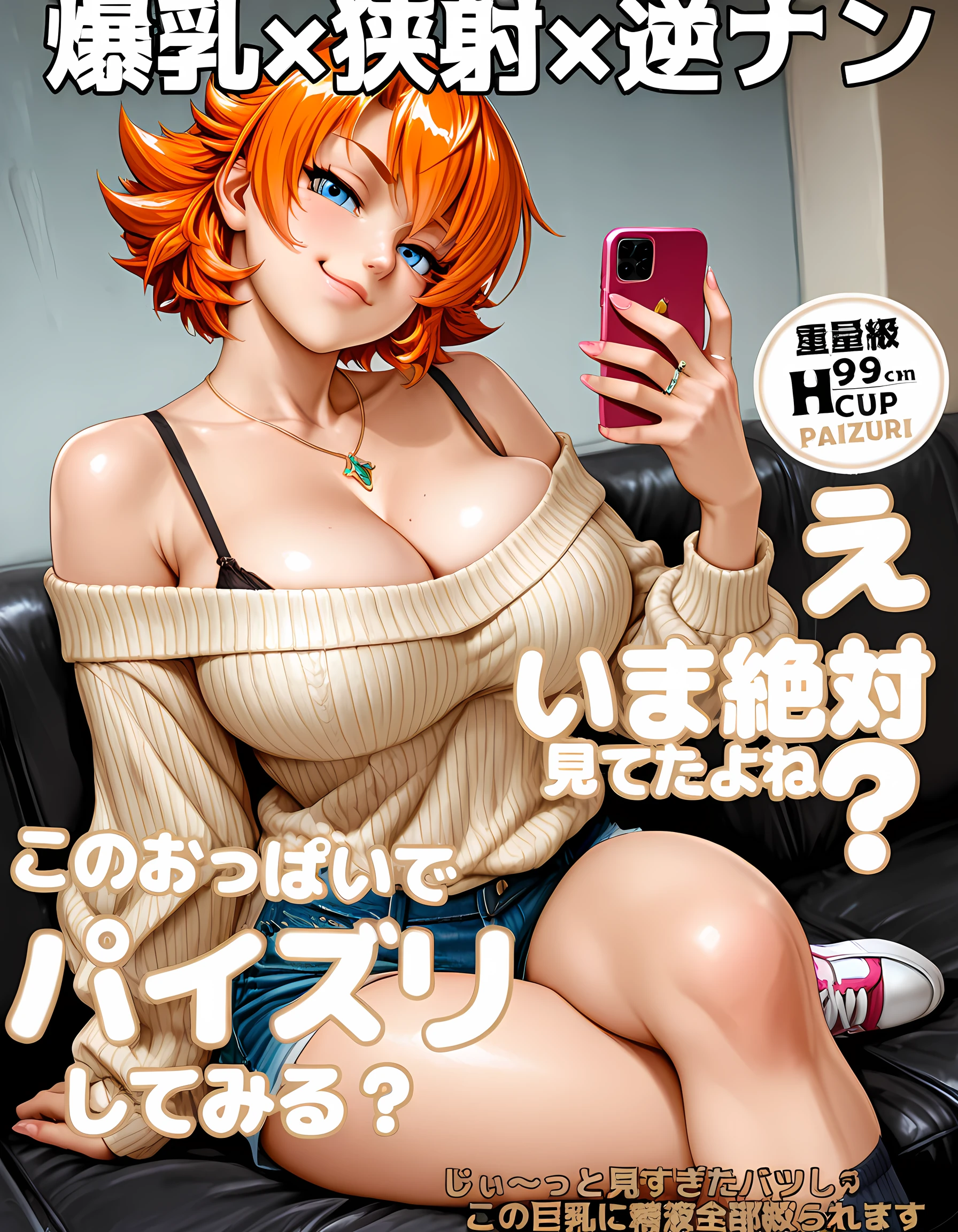 <lora:ImaMiteta1:0.8> av cover,cover,text focus,BREAK
1girl,<lora:Igawa Sakura3216NoobAIXL075v11:1> Igawa Sakura,taimanin rpgx,orange hair, short hair, flipped hair, blue eyes|,off-shoulder sweater, short shorts, denim, socks, sneakers,text focus,cover,cowboy shot,sitting,crossed legs,tigh,dutch angle,smirk,looking at viewer, cleavage,head tilt, solo, breasts, cleavage, large breasts, pointing own breast,  holding phone,, masterpiece, best quality,amazing quality, highest score, absurdres,