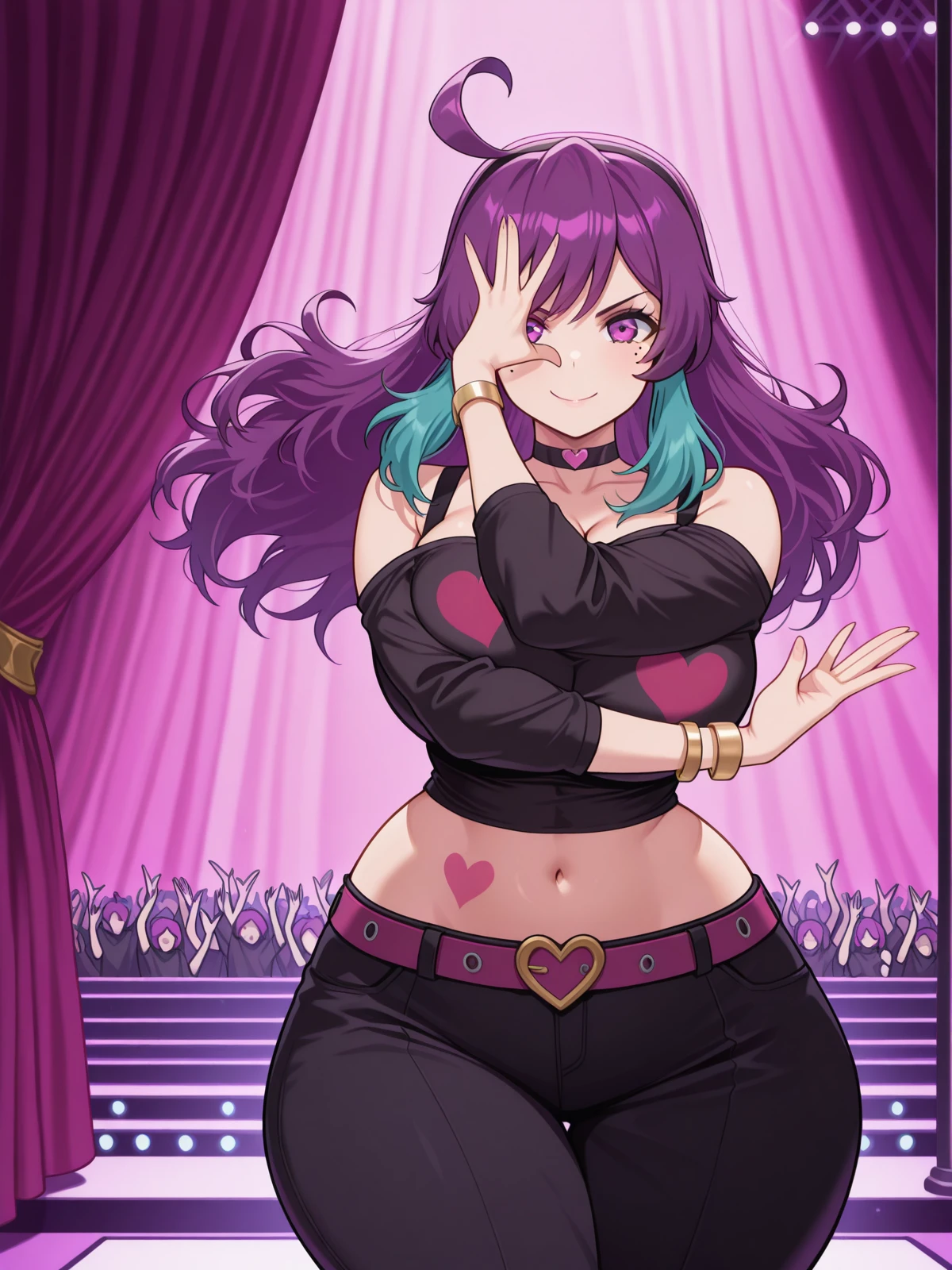 masterpiece, best quality, amazing quality,, <lora:naomi-valentine-oc-illustriousxl-lora-nochekaiser:1>, naomi valentine, long hair, purple eyes, ahoge, purple hair, multicolored hair, ff, off shoulder, mole, two-tone hair, mole under eye, thick thighs, curvy, wide hips, mature female, huge breasts,, navel, cleavage, jewelry, bare shoulders, heart, thighs, choker, pants, belt, midriff, off shoulder, bracelet, crop top, off-shoulder shirt, bangle, heart print, heart choker, heart tattoo, black crop top, black pants,, <lora:kars-pose-illustriousxl-lora-nochekaiser:1>, kar's pose, solo, jojo pose, hands up, straight-on, looking at viewer, smile, open hands,, stage, curtains, spotlight, audience, microphone, cowboy shot, solo, looking at viewer,