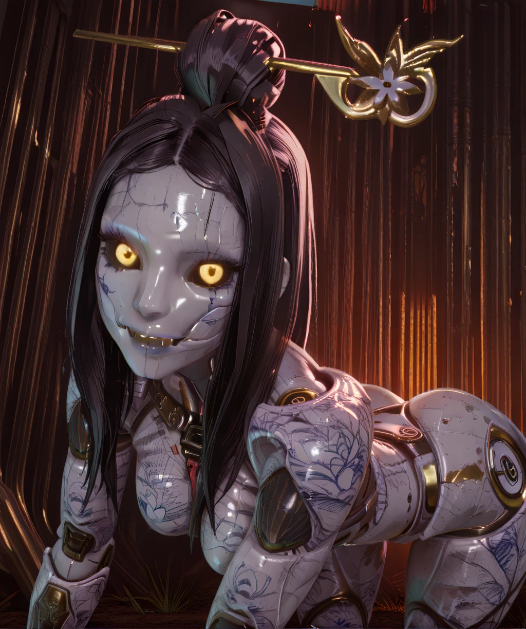 krkrixl, yellow eyes, black sclera, glowing eyes,
black hair, hair stick, single hair bun, makeup, smile, teeth,
white armor, looking at viewer, hips, bent over,
clear composition, atmospheric haze, ambient occlusion, dark,
(insanely detailed, masterpiece, best quality), <lora:Karakurixl-12v1-iLL:0.9>,