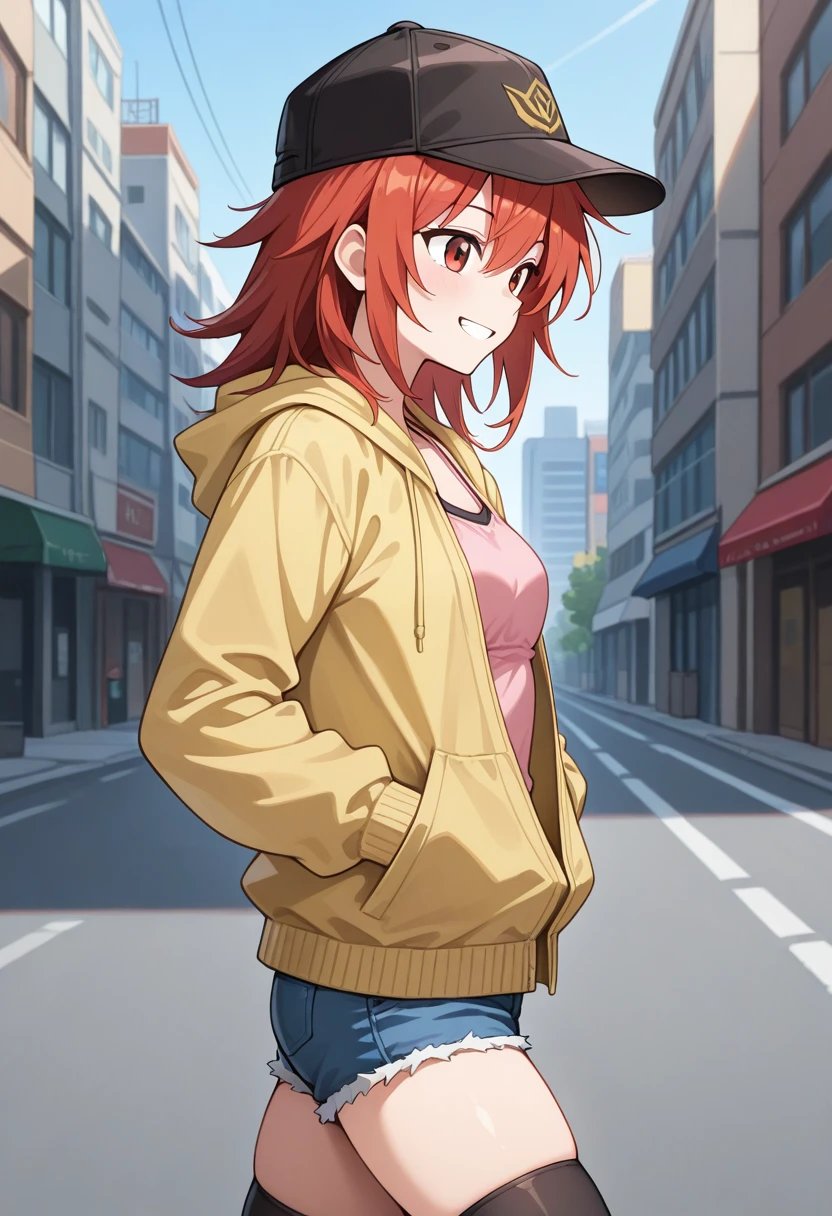 1girl, solo, hiitaygo, duel monster, red hair, medium hair, red eyes, yellow jacket, hoodie, pink tanktop, denim shorts, cutoffs, black baseball cap, black thighhighs, urban clothing, outdoors, city, street, hands in pockets, walking, smile, teeth, cowboy shot,