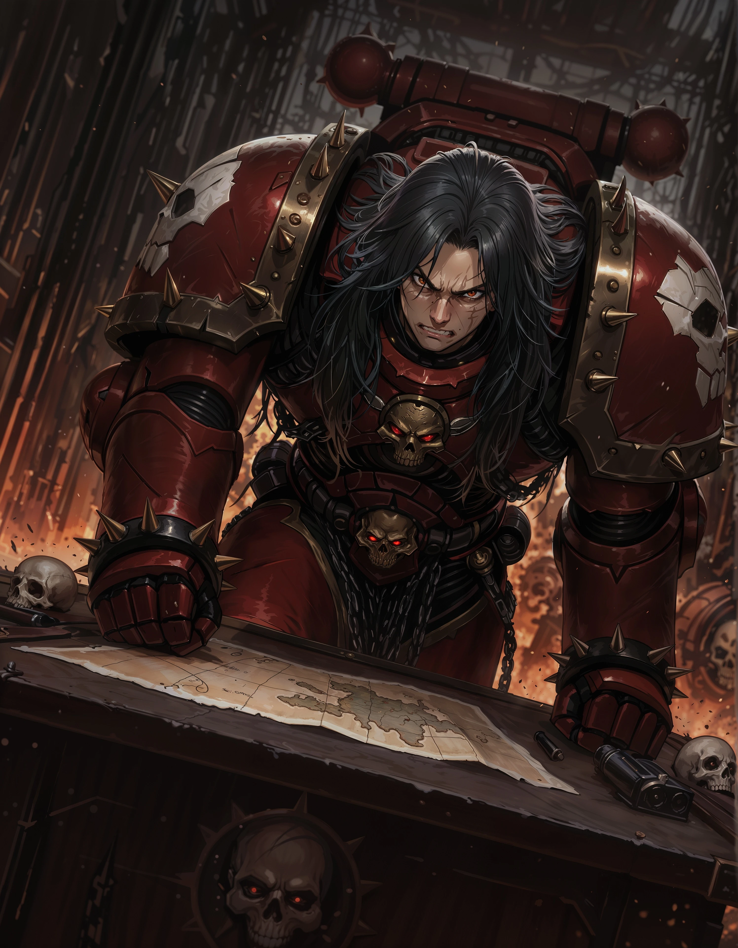 masterpiece, best quality,high quality, newest, highres,8K,HDR,absurdres, dynamic angle, realistic, 1boy, solo, WorldE40K, power armor, long hair, messy hair, red eyes, punching table, angry, scars, skulls, spikes, chains, map, planning battle formation, strategy table, in a spaceship helm <lora:iLLWorldE40K:1>