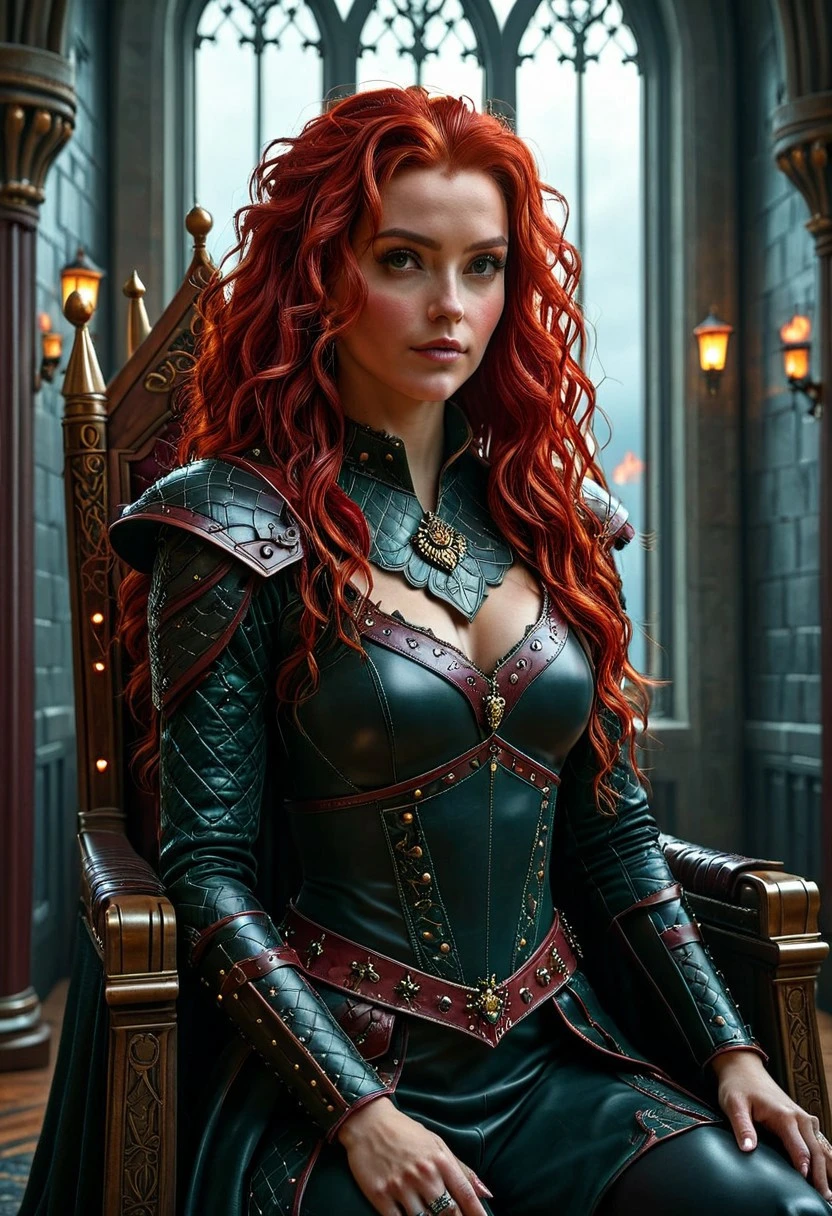 ScarletQueen, photorealistic, cinematic realism, regal presence, striking red hair, confident queen, intricate leather armor, modern throne room, glowing lanterns, stormy sky through tall windows, cinematic shadows, highly detailed, photorealistic textures