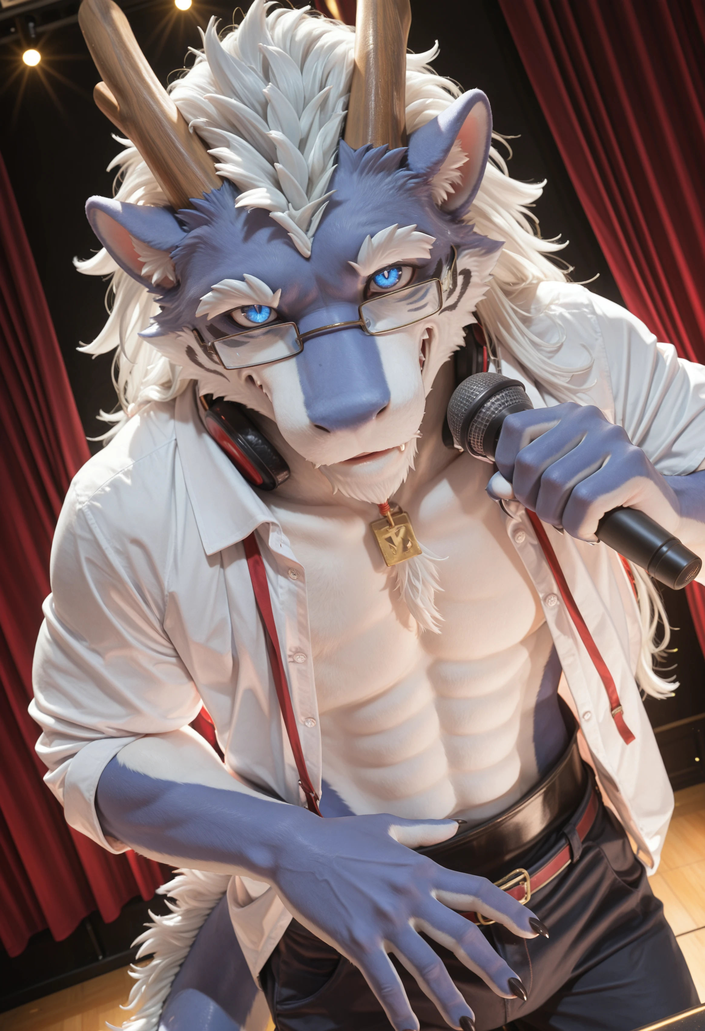 (masterpiece, best quality, very aesthetic, newest, 2024:1.2), (photorealism, photorealistic:1.2), hi res, detailed fur, fluffy fur, close up, dutch angle, shiki_taigen, dragon, furry male, furry, male focus, body fur, 1boy, solo, animal ears, tail, horns, blue eyes, bara, looking at viewer, long hair, glasses, white hair, theater stage, red curtains, golden lights, standing with microphone in paw, torso slightly bent forward, tail flowing behind, passionate, emotional, expressive eyes, looking at audience, frontal medium close-up, stage performer outfit with open shirt, cinematic spotlight, dramatic glow, ultra-detailed, <lora:noobReal-V2.1:0.45> <lora:Shiki_Taigen_UTAU_Illustrious:1>