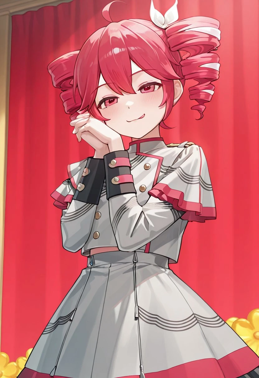 solo, woman, kteto, girl, short hair, drill hair, parade uniform, long sleeves, skirt, endearing_pose, own hands together, interlocked fingers, hands near head, smile, :P. stage, masterpiece, 4k resolution, anime