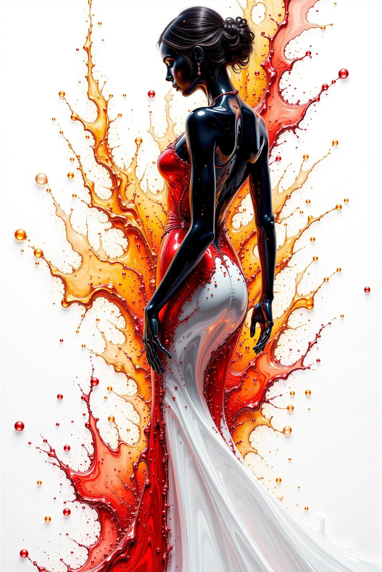 <lora:Liquid_Ladies:0.8> LiquidLady style.  Intricate composition, meticulously detailed, technically elaborate, glossy and shiny, brilliant deep ingenuity of artwork.  ((Techno-minimalistic, clean and sharp style) with a rigorous yet vibrant scientific illustration aesthetic. Precise and accurate lines, accentuated outlines:1.3). photorealistic  impressionist painting style  (vibrant picturesque Gorgeous splash of vibrant paint Alcohol ink art) , line art drawing , a (beautiful charming nobel lady). [beautiful hands]. wearing an exquisite dress, elegant pose, (her silhouette outlined with glowing red). (her silhouette contoured with glowing red). glossy white and gold color scheme.
professional, sleek, modern, minimalist, graphic, line art, vector graphics, black and white drawing, graphite drawing. Fluid and vibrant colors, unpredictable patterns, organic textures, translucent layers, abstract compositions, ethereal and dreamy effects, free-flowing movement, expressive brushstrokes, contemporary aesthetic, wet textured paper. award-winning, professional, highly detailed . extremely high-resolution details, photographic, realism pushed to extreme, fine texture, incredibly lifelike.