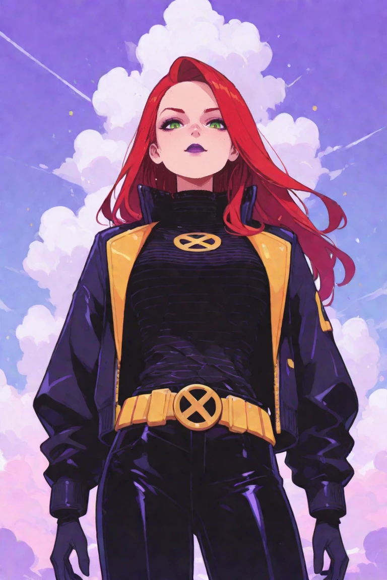 masterpiece, best quality, amazing quality, high resolution, absurdres, newest, very aesthetic, newxmenjean, 1girl, solo, long hair, red hair, green eyes, jacket, belt, lipstick, purple lips, gloves, , turtleneck, cloud, makeup, looking at viewer, pants, open jacket, sky, vest, cowboy shot, black pants, shirt, black turtleneck, striped clothes