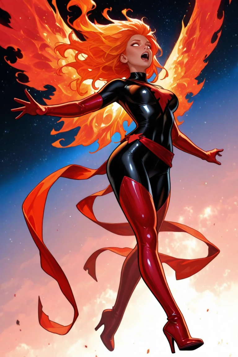 masterpiece, best quality, amazing quality, high resolution, absurdres, newest, very aesthetic, resurrectionphoenix, ,fiery wings, space, 1girl, solo, orange wings, black , long hair, wings, glowing, orange hair, flying, fiery hair, blonde hair, fire, outstretched arms, red gloves, blank eyes, white eyes, open mouth, glowing eyes, star \(sky\), energy wings, red phoenix symbol, red waist sash, torn clothes, post apocaylptic ships, spaceship, red thighighs, red boots, high heels, western comics \(style\), skin tight