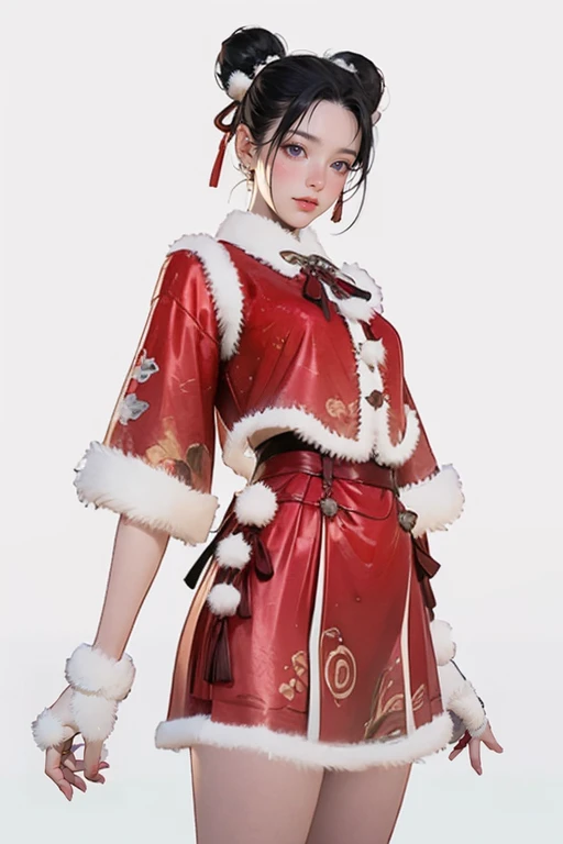 ,1girl,fur trim,white footwear,red hat,animal hood,red skirt,bell,chinese clothes,capelet,fingerless gloves,fox tail,white tail,pom pom (clothes),black hair,double bun,purple eyes,(white_background:1.5),front view,(cowboy_shot:1.4),looking_at_viewer,<lora:æ°¸å«æ é´è¡æ¡æ¥æ¡ç¬SD1.5:0.7>, (masterpiece:1.2),best quality,masterpiece,highres,original,extremely detailed wallpaper,perfect lighting,(extremely detailed CG:1.2),
