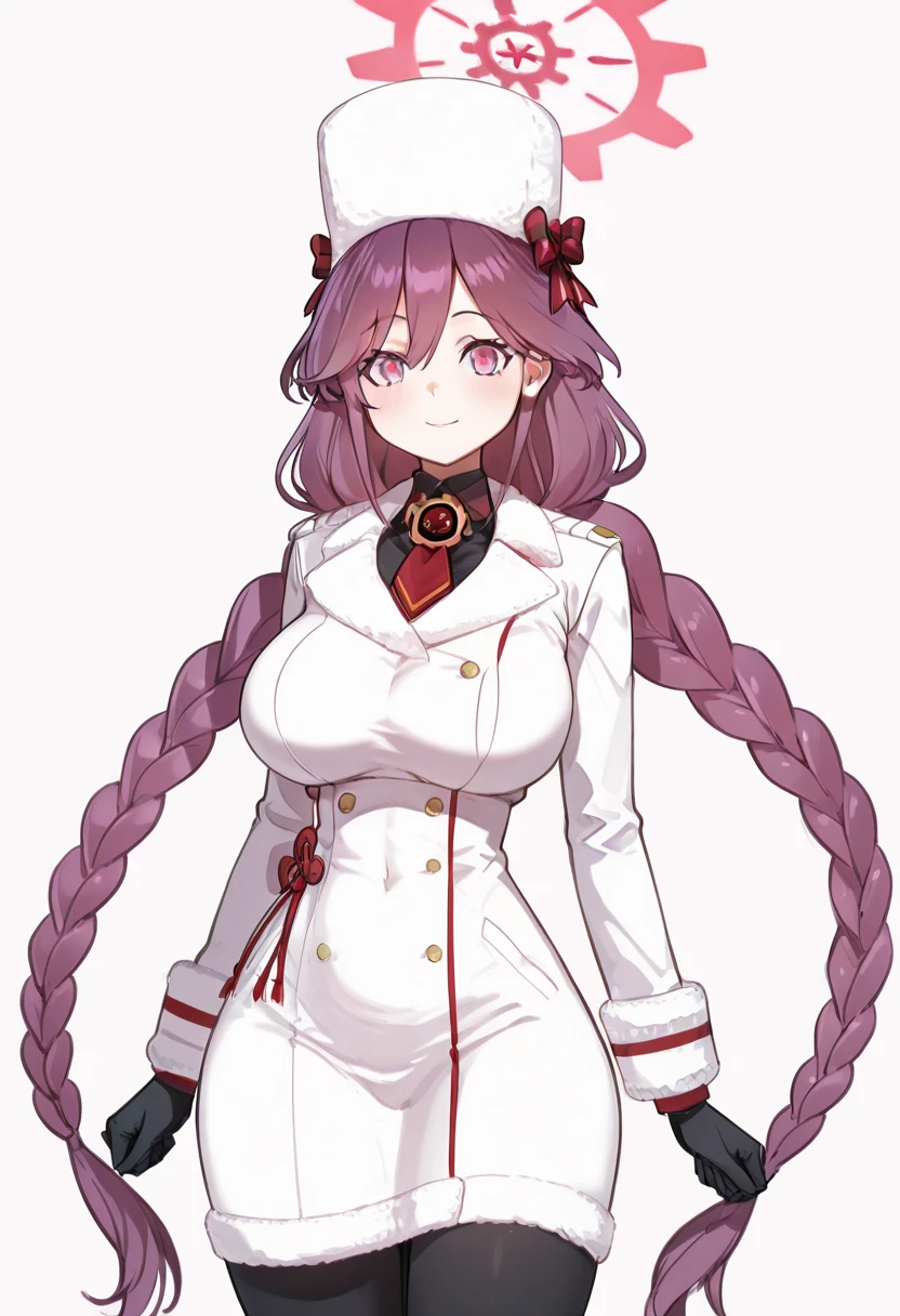 masterpiece, best quality, solo, curvy, beautiful eyes, narrow waist, wide hips, 1girl, solo, smile, looking at viewer, zzTomoe, pink eyes, pink hair, long hair, large breasts, braid, very long hair, pink halo, black gloves, necktie, ushanka, white headwear, fur trim, long sleeves, solo, winter clothes, black pantyhose, purple hair, twin braids, white coat, ,<lora:Tomoe_BlueArchive_IXL:1.0>, , smile, looking at viewer, cowboy shot, <lora:HaradaTakehitoIXL_v3:0.8>, <lora:ZankuroIXLLight_v2:0.3>,