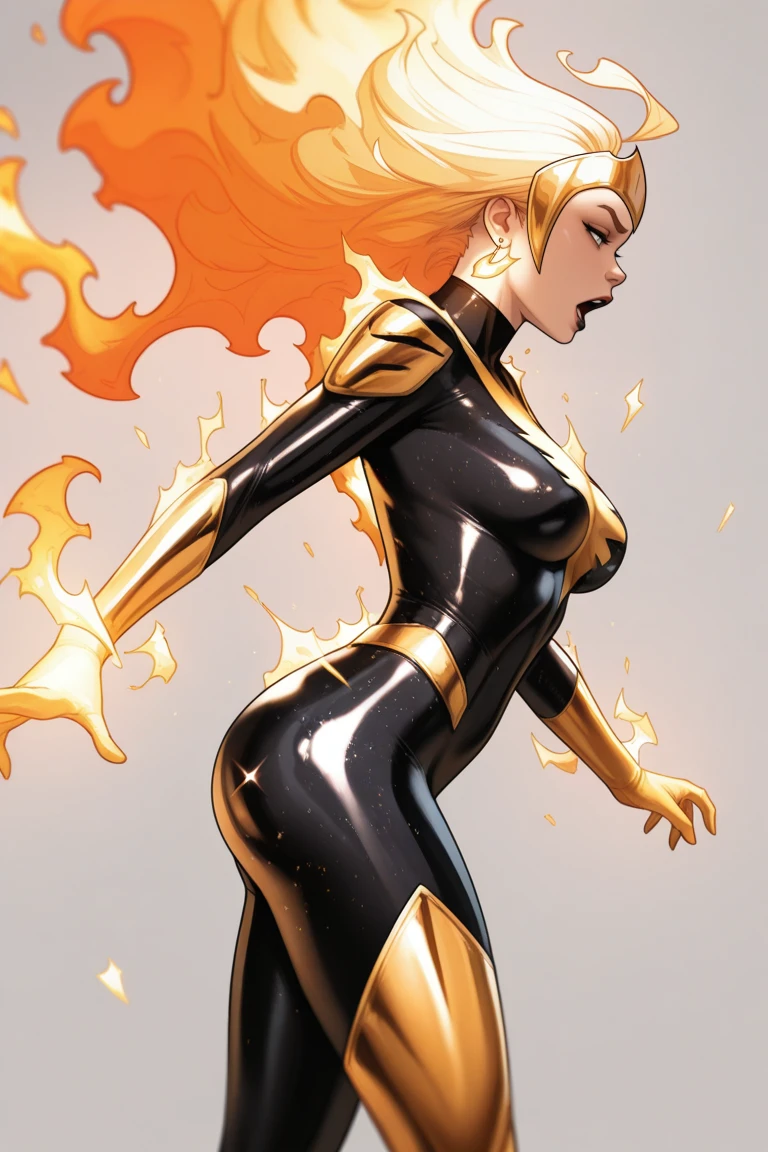 cosmicphoenix,masterpiece,best quality,amazing quality,highres,absurdres,newest,fiery hair, fire, 1girl, solo, , open mouth, blonde hair, from side, black lips, grey background, black , burning, simple background, , long hair, skin tight, lips, red lips, tiara, shiny clothes, earrings, firey hair, armor, tokusatsu, helmet, sparks, electricity, fire, magic, aura, ahoge, tiara, phoenix symbol, gold,