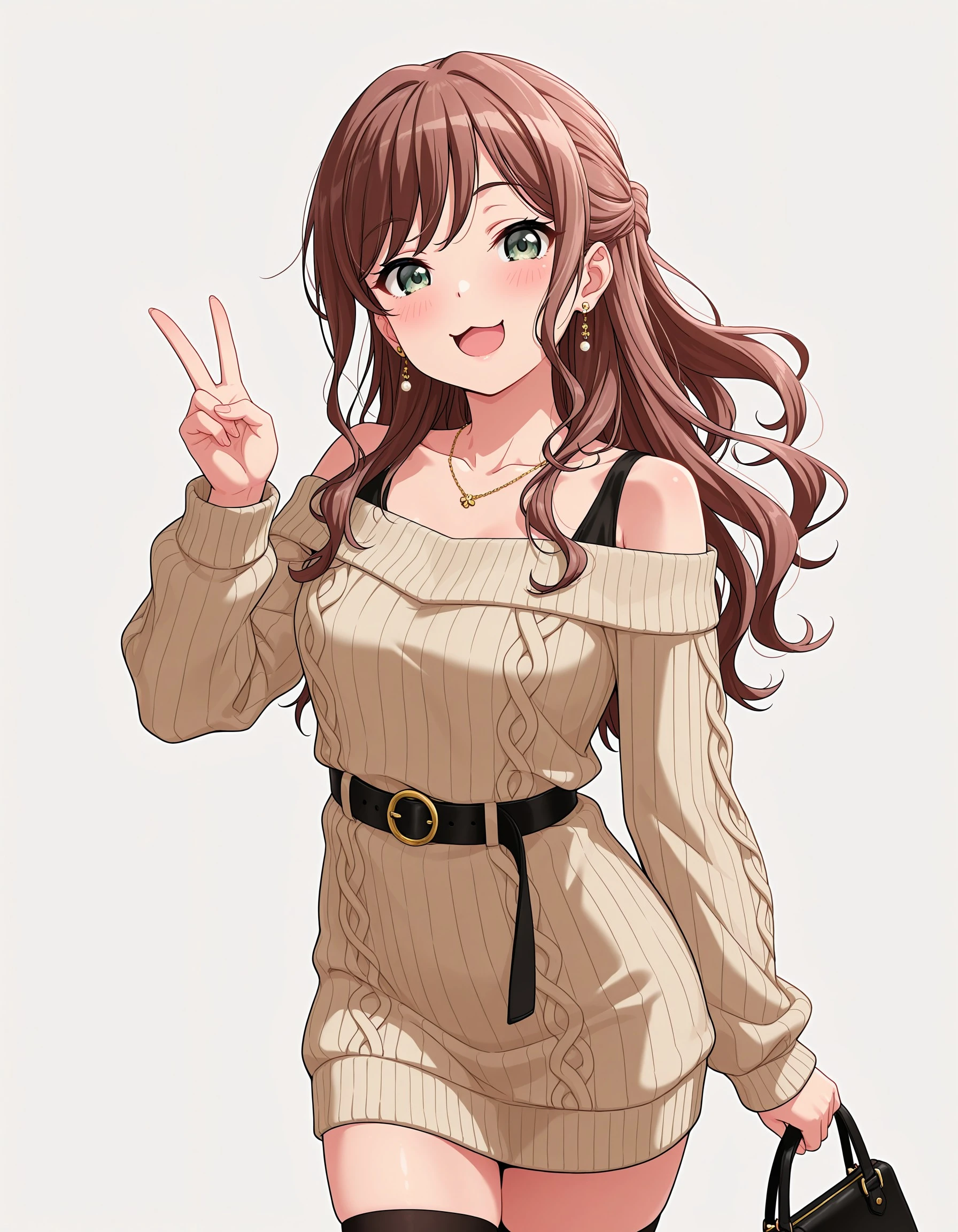 masterpiece, best quality, very aesthetic, absurdres, solo, green eyes, brown hair, long hair, sweater dress, jewelry, open mouth, belt, earrings, smile, white background, sweater, bag, simple background, handbag, looking at viewer, off shoulder, :d, grey eyes, dress, half updo, bangs, black belt, long sleeves, collarbone, cowboy shot, thighhighs, v, necklace, holding, off-shoulder sweater, ribbed sweater, holding bag, sidelocks, blush, :3, lisachi, <lora:f71e5fc9-5392-46e2-a914-a9b916258fb0:0.7>